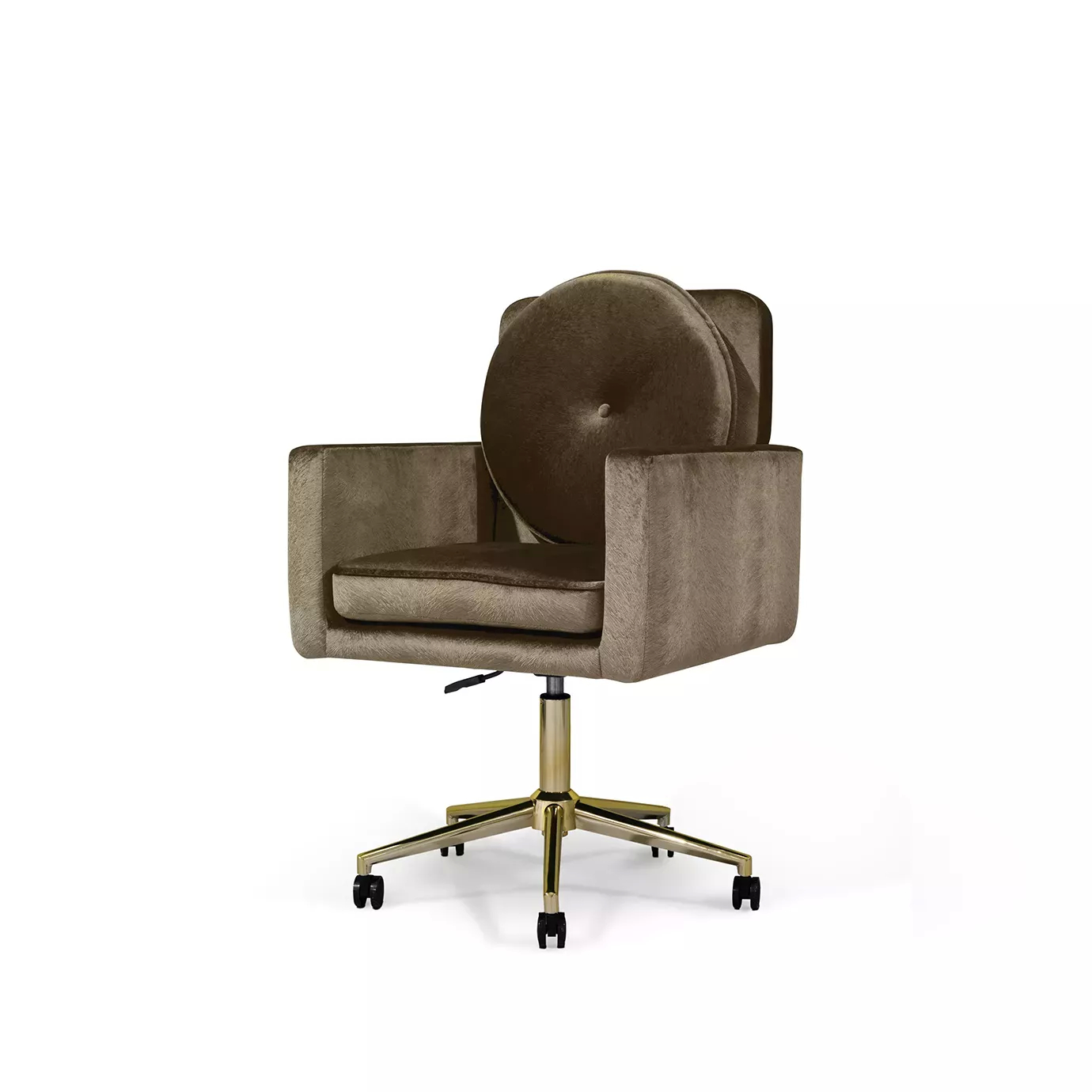Elegant Hemma Office Chair upholstered in brown velvet with a golden swivel base and black wheels.