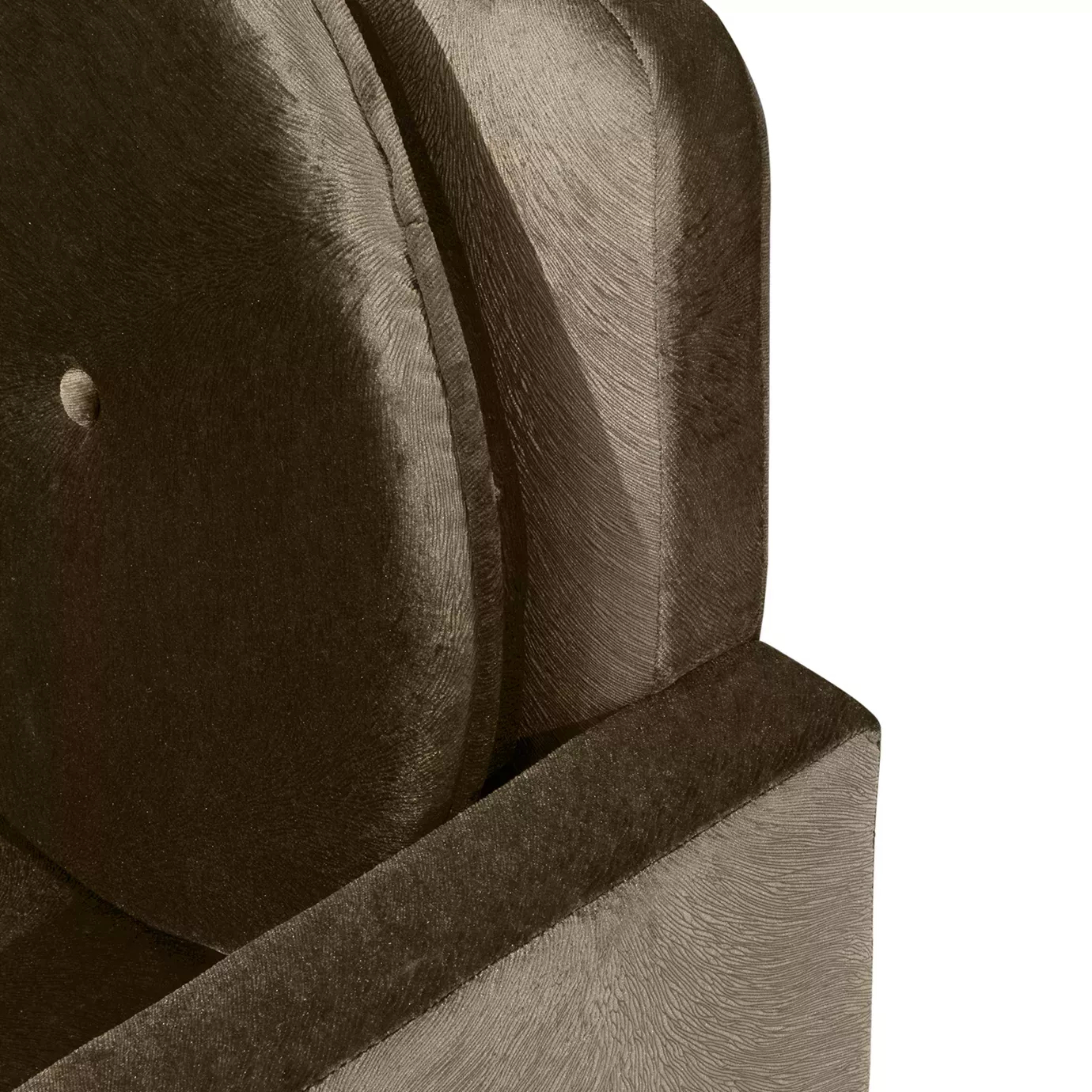 Elegant close-up of the brown velvet upholstery and the button detail of the Hemma Office Chair's backrest.