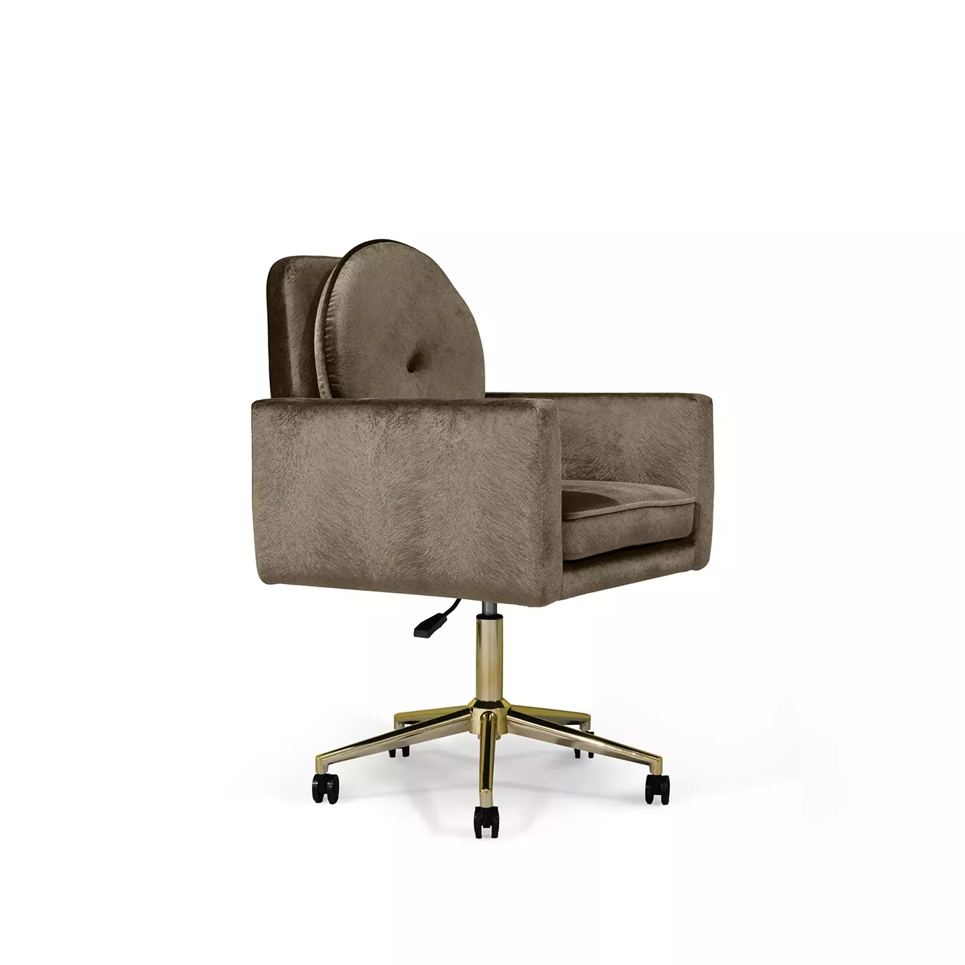 Elegant Hemma Office Chair upholstered in brown velvet with a golden swivel base and black wheels.