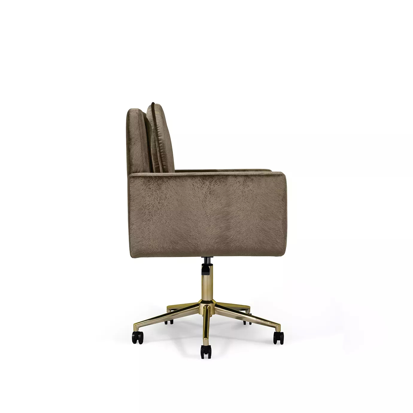 Elegant side view of Hemma Office Chair upholstered in brown velvet with a golden swivel base and black wheels.