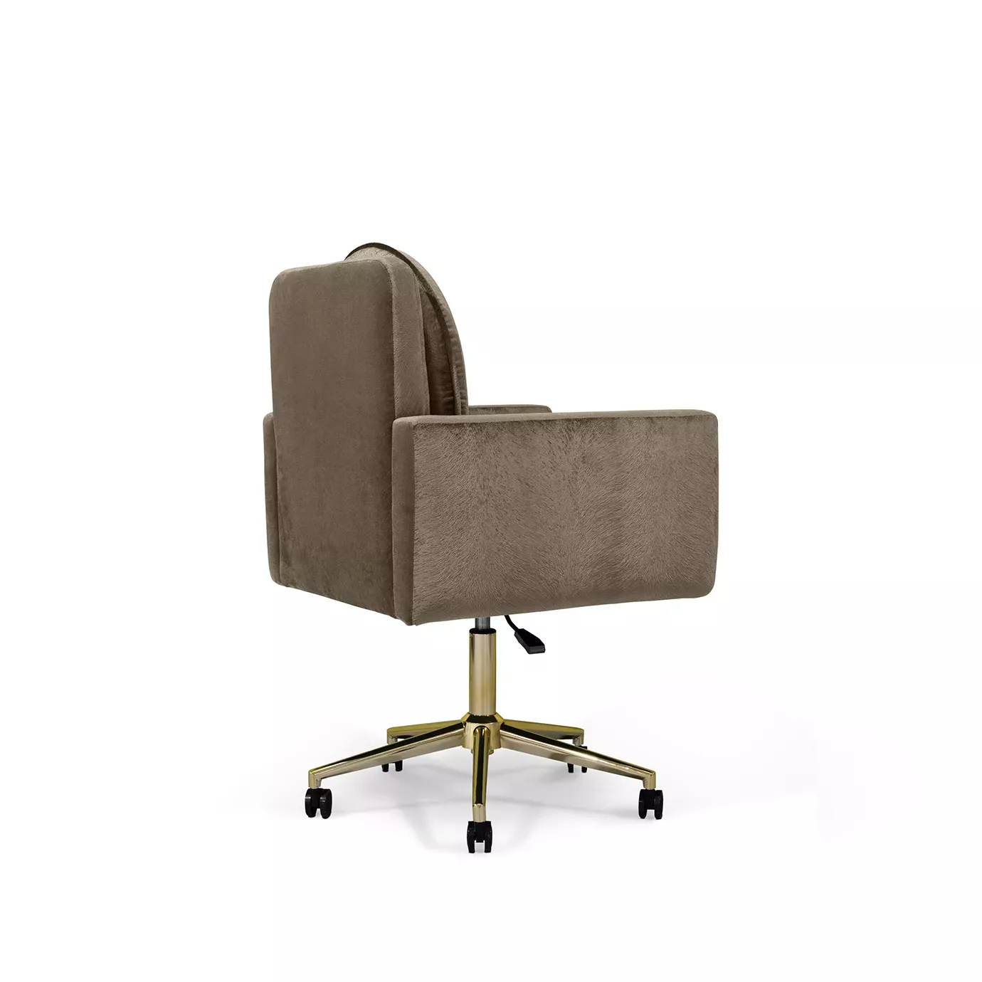 Elegant side view of Hemma Office Chair upholstered in brown velvet with a golden swivel base and black wheels.