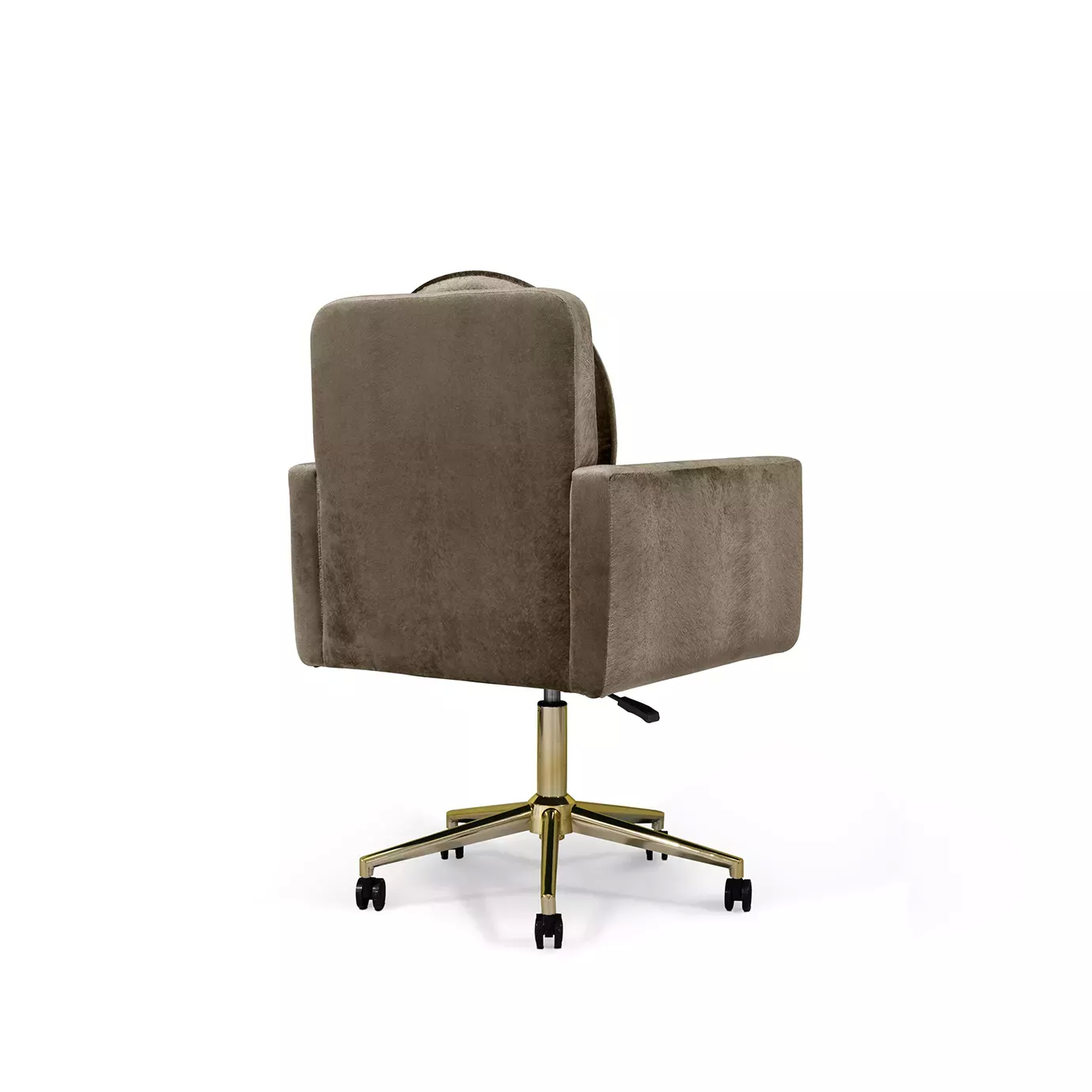 Elegant side view of Hemma Office Chair upholstered in brown velvet with a golden swivel base and black wheels.