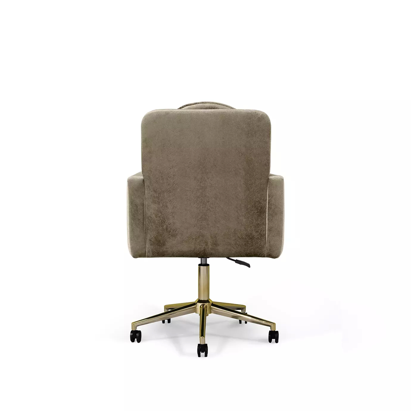 Elegant side view of Hemma Office Chair upholstered in brown velvet with a golden swivel base and black wheels.