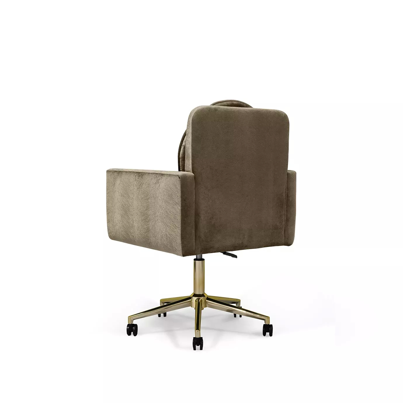 Elegant side view of Hemma Office Chair upholstered in brown velvet with a golden swivel base and black wheels.