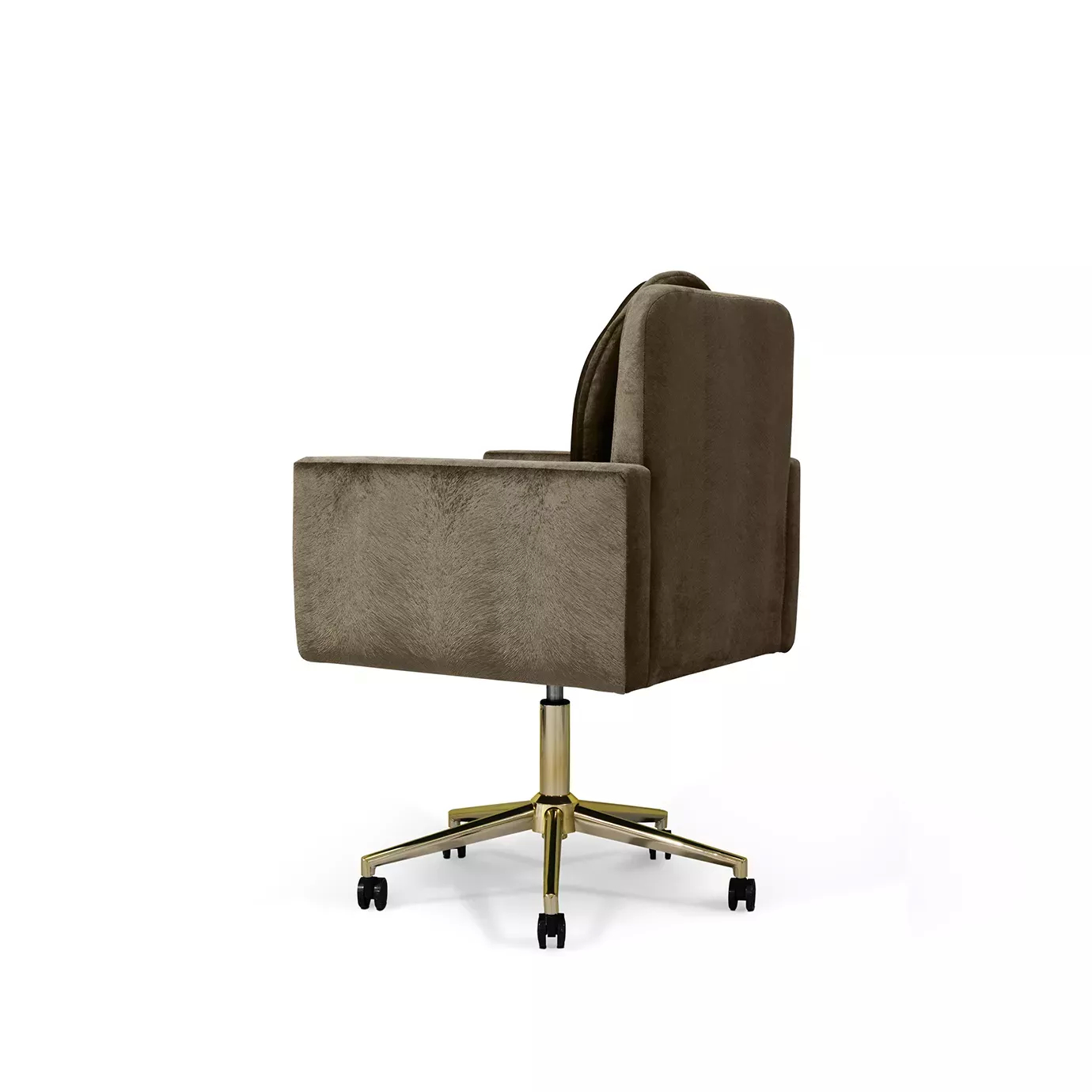 Elegant side view of Hemma Office Chair upholstered in brown velvet with a golden swivel base and black wheels.