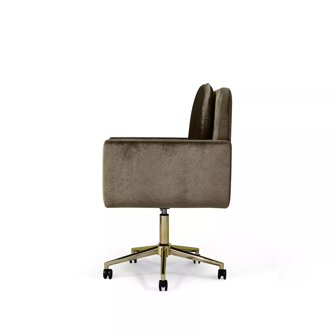 Elegant side view of Hemma Office Chair upholstered in brown velvet with a golden swivel base and black wheels.