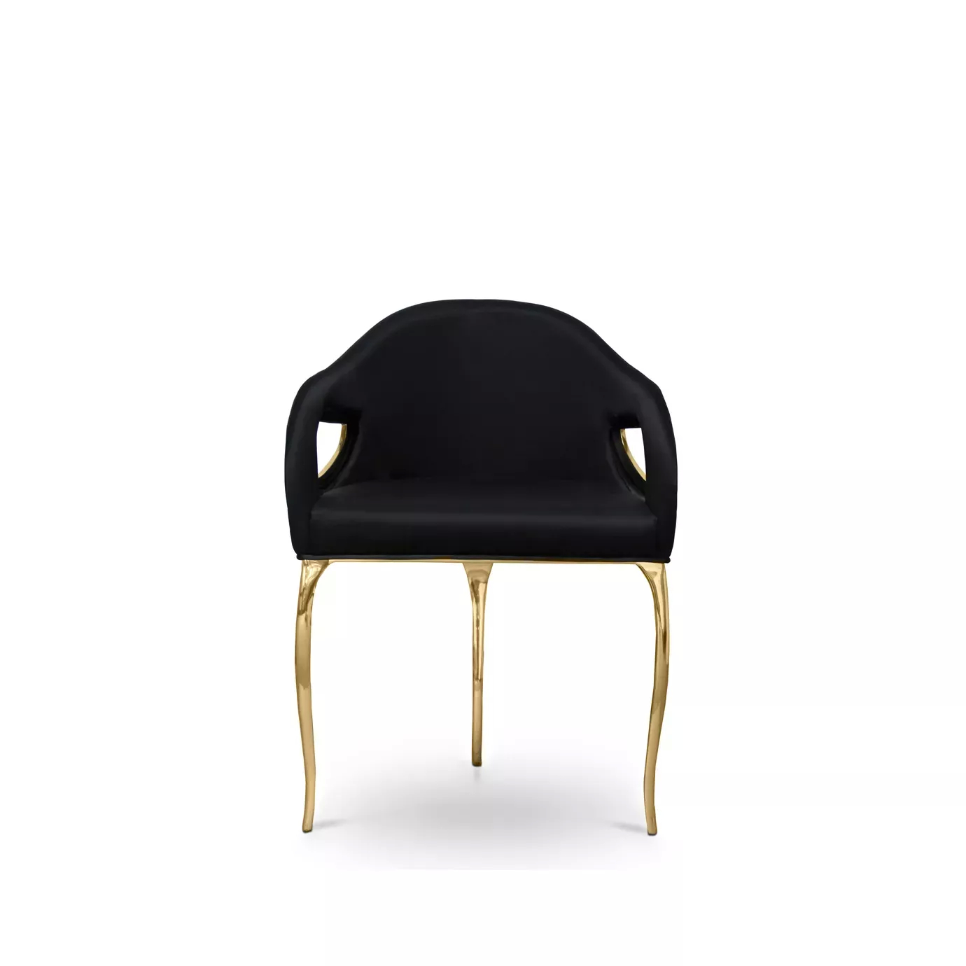 Display of Chandra Dining Chair, demonstrating its distinctive feature of only having 3 legs, contrasting with the elegant black upholstery.