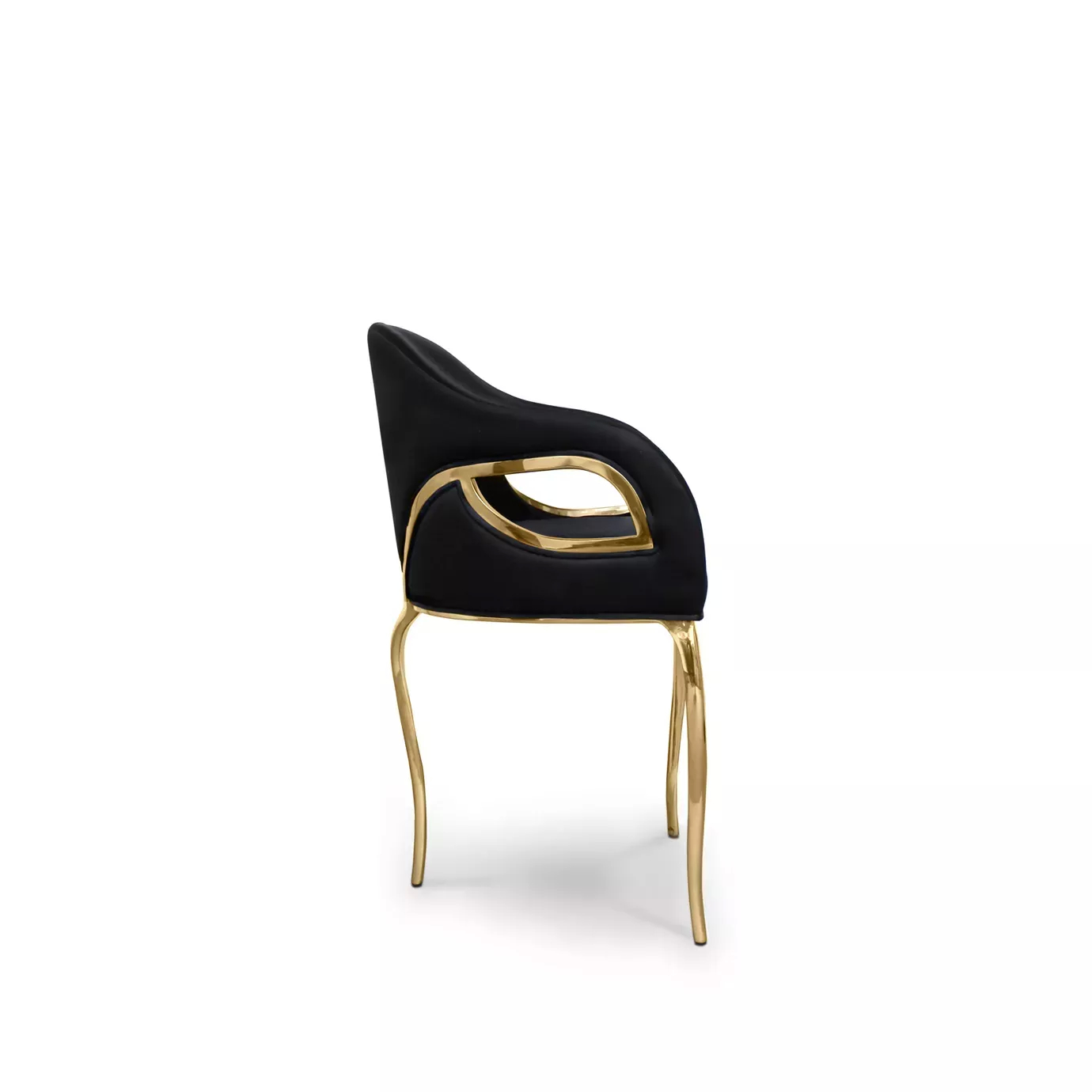 Side perspective of the glamourous Chandra Chair, distinguished for its three legs, featuring a golden structure and black upholstery.