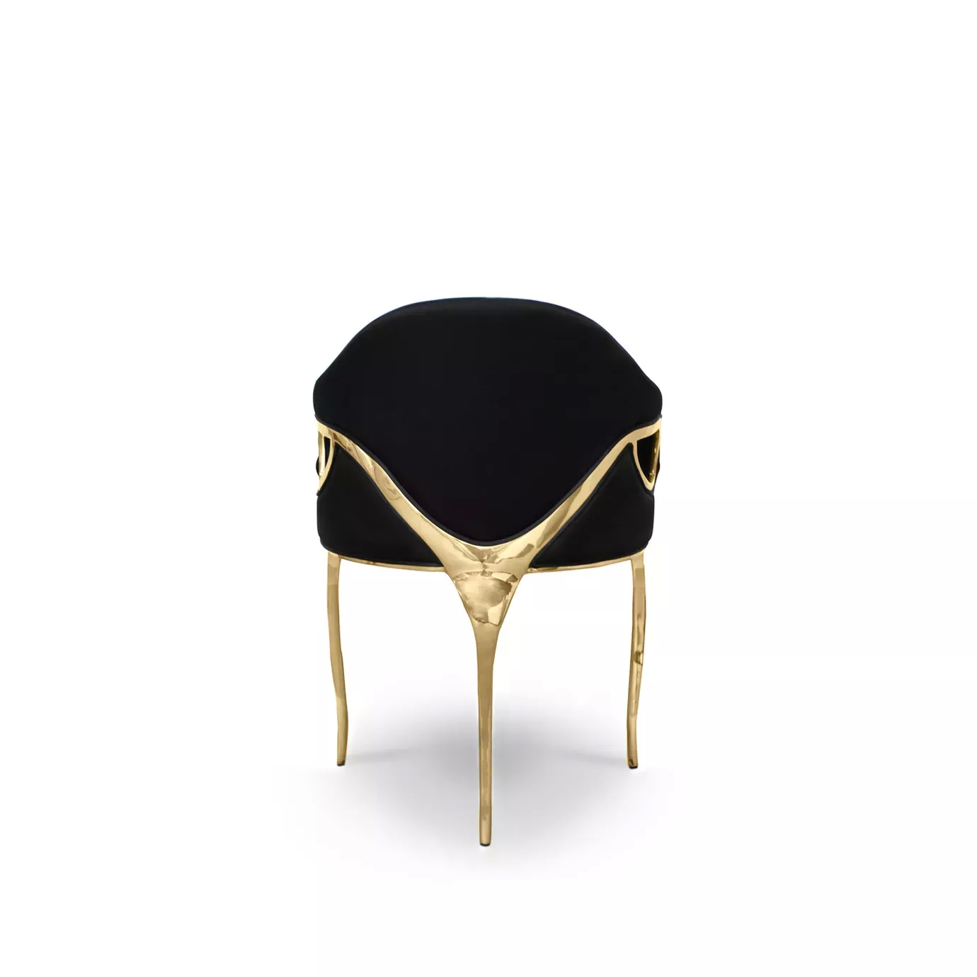 Chandra Chair seen from the back, highlighting its elegant golden structure against the black upholstery.