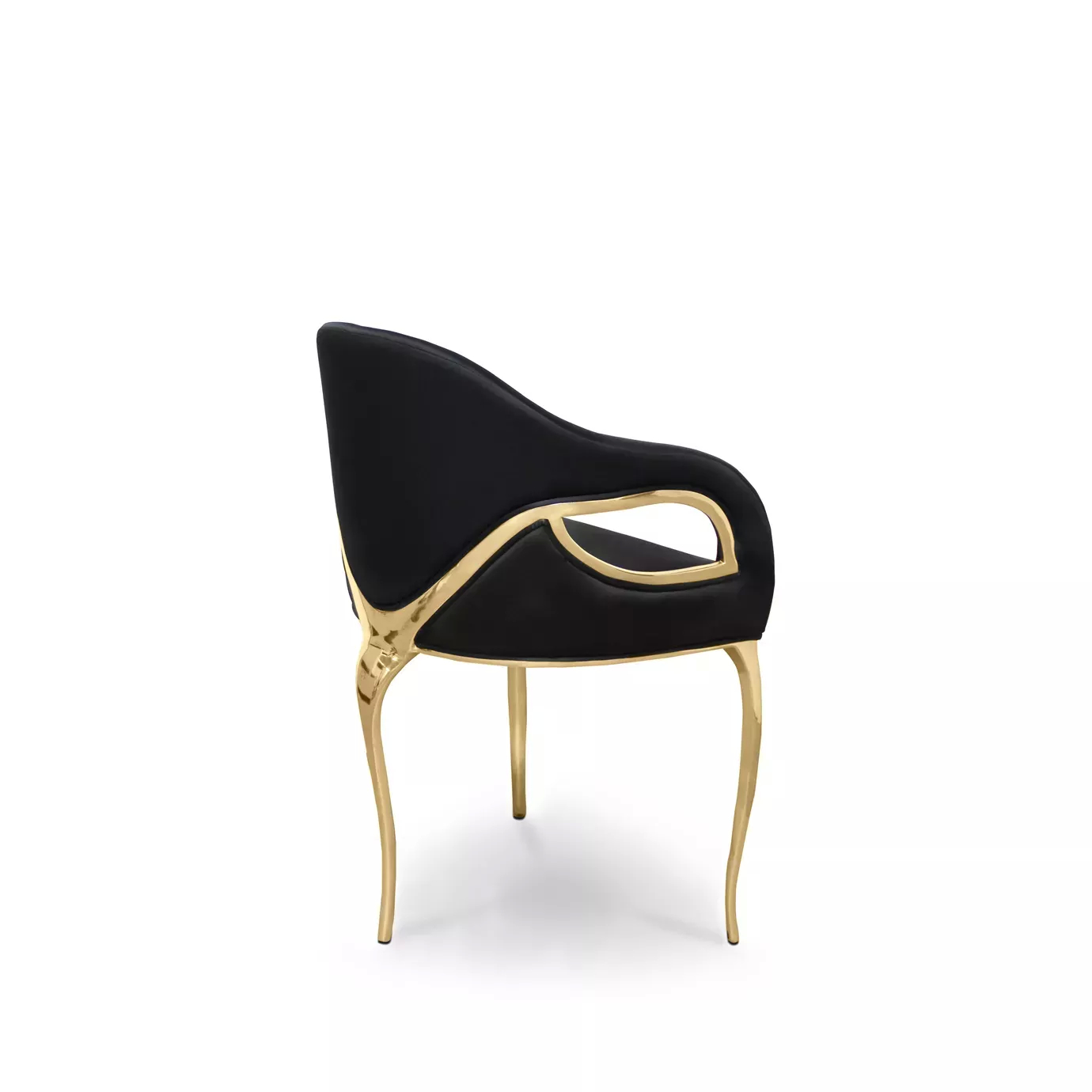 Side view of the Chandra Chair, notable for its three golden legs and black upholstery, creating an elegant contrast.