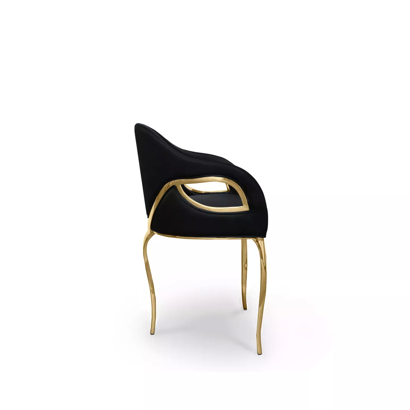 Side view of the Chandra Chair, showcasing its three golden legs as well as the gold-accented handles, in contrast with the black upholstery.
