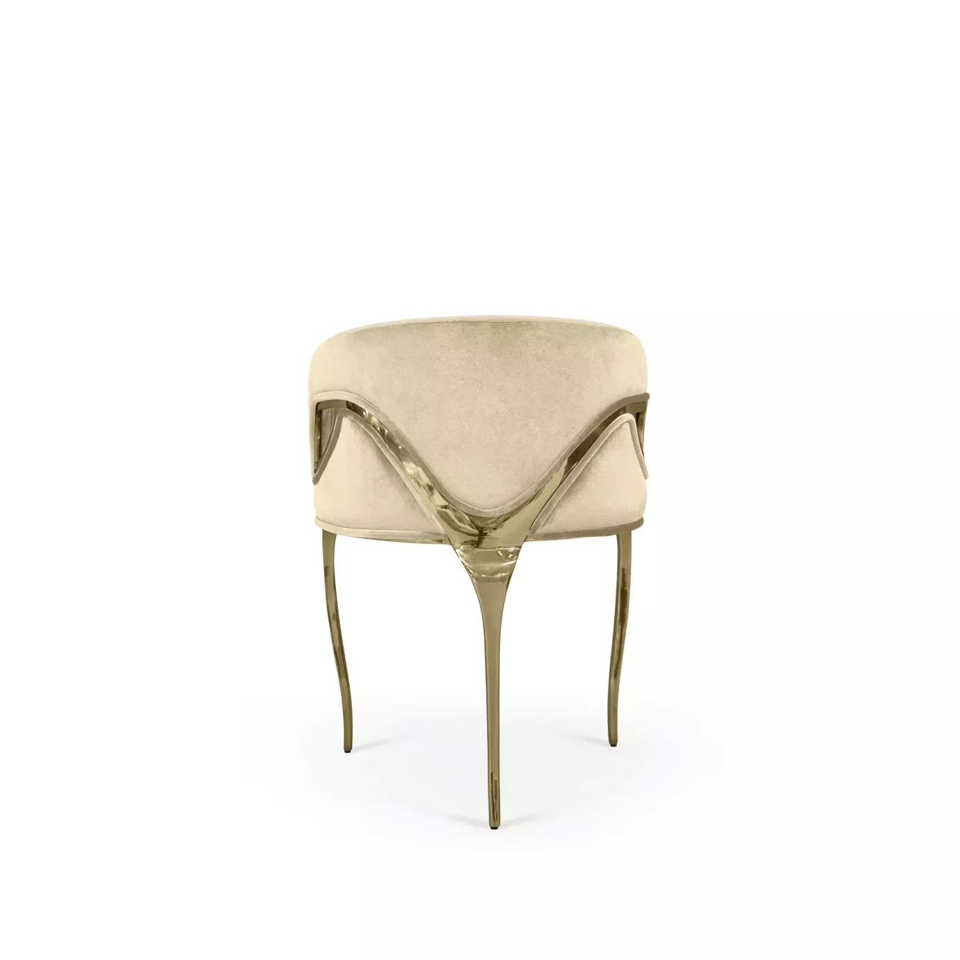 Chandra Chair seen from the back, highlighting its elegant golden structure against the cream velvet upholstery.