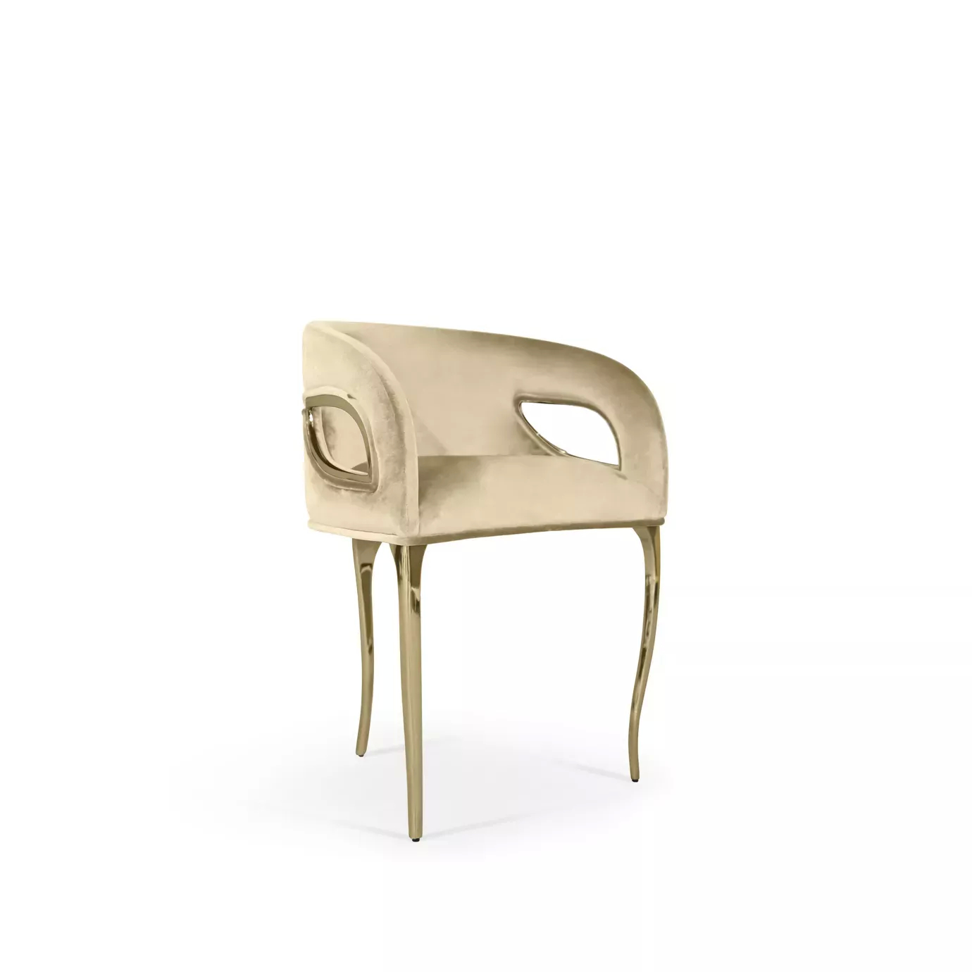 Chandra Chair: a luxurious combination of cream and golden, distinguished by its unique three-legged design.