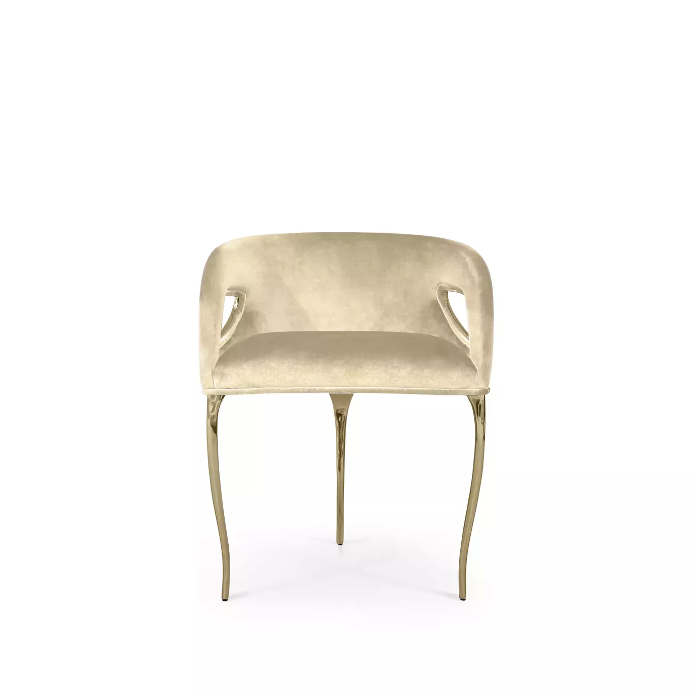Display of Chandra Dining Chair, demonstrating its distinctive feature of only having 3 legs, combining with the elegant cream velvety upholstery.