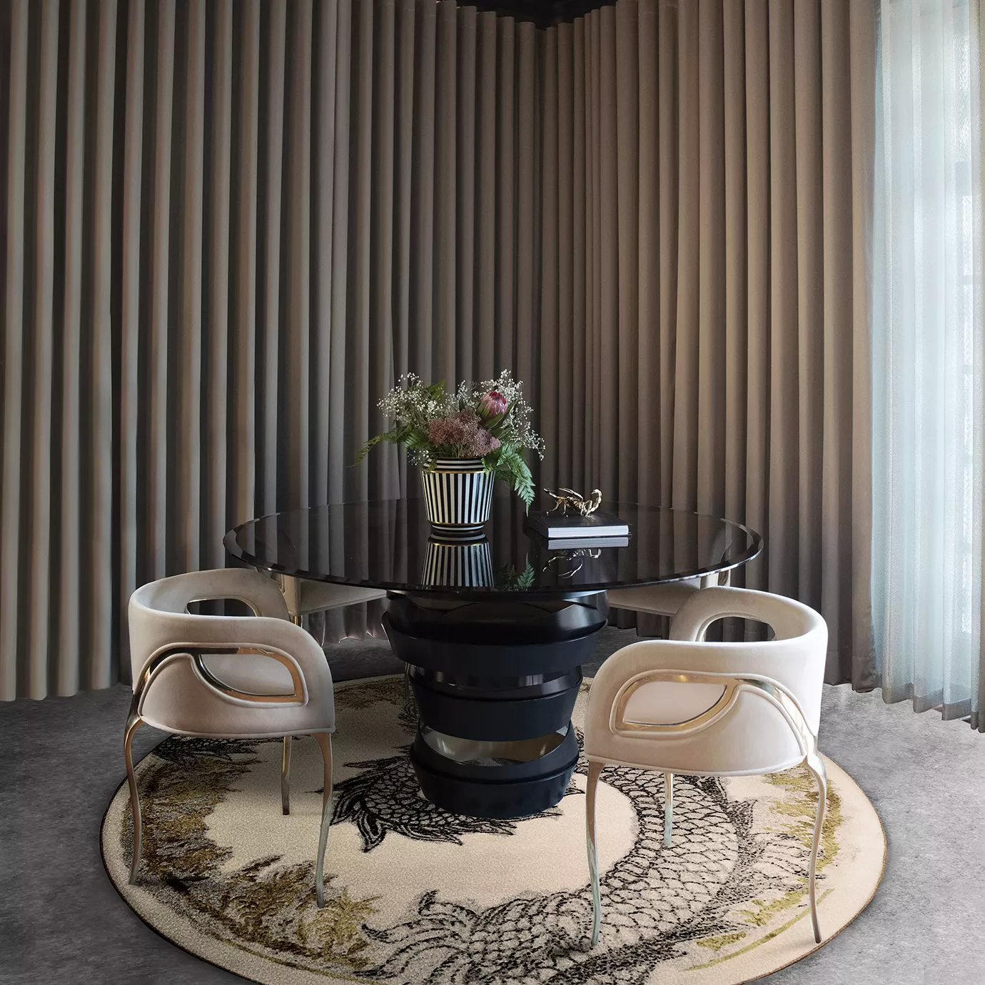 Dining room scene featuring two elegant Chandra Chairs in cream tones upholstery and golden frame around a glass table in dark shades, set on a decorative rug with a floral centerpiece.