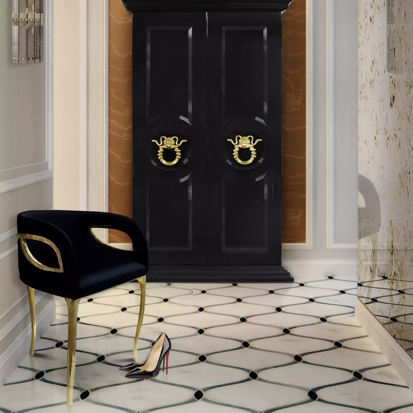 Elegant interior featuring a black chair with a golden frame and legs, positioned on a tiled floor with a pair of heels nearby. A grand black cabinet with golden door handles is set in the background.