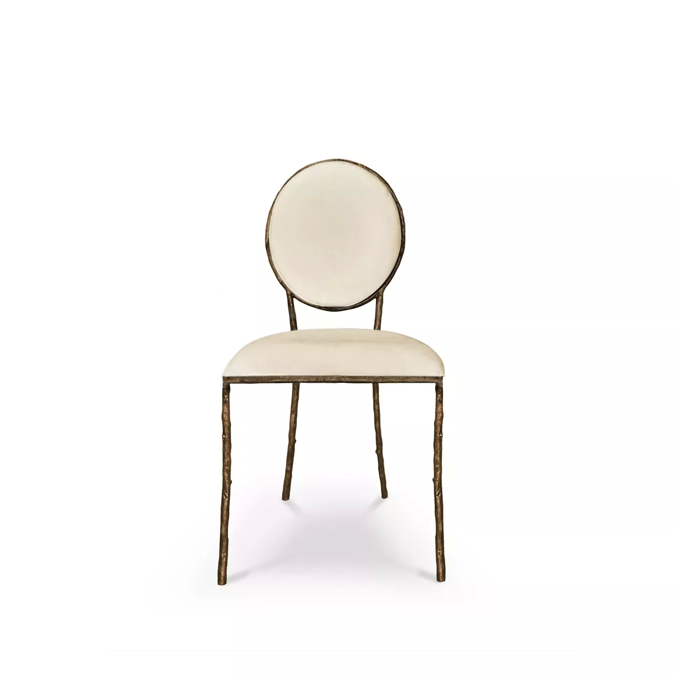 Enchanted Dining Chair features an aged brass frame resembling branches and luxurious white upholstery.