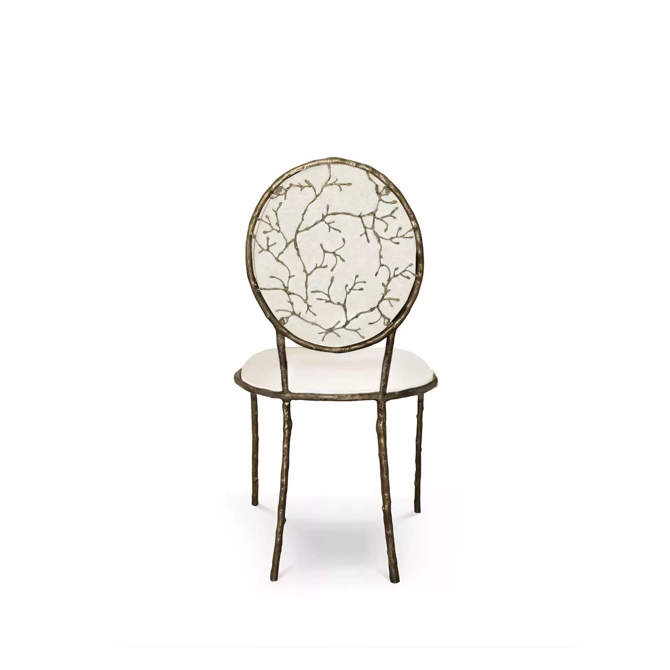 Enchanted Dining Chair: with an elegant backrest resembling branches, this chair has a luxurious white upholstery.