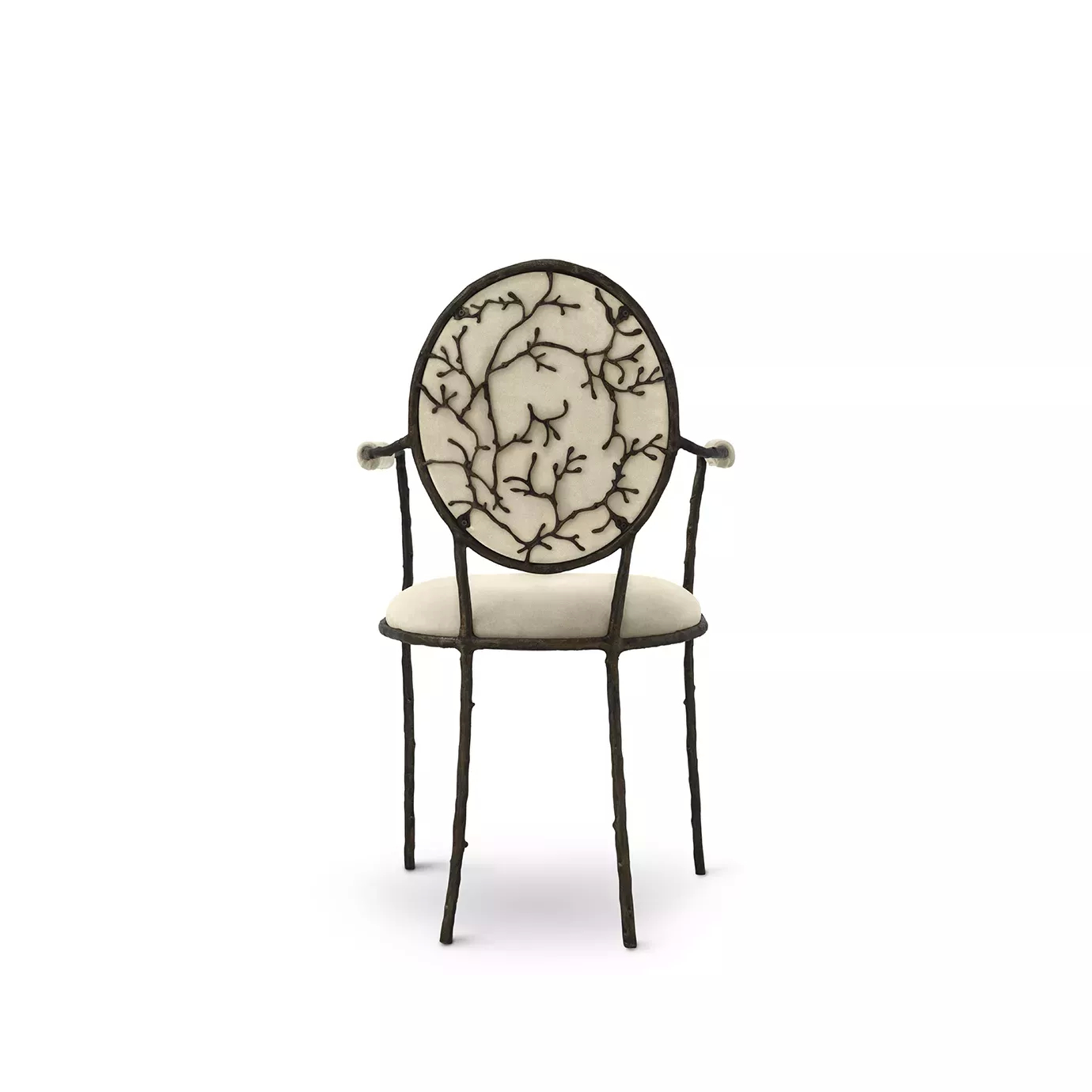 Enchanted Arm Dining Chair: highlighting its elegant aged brass backrest resembling branches, this chair has a luxurious cream upholstery.