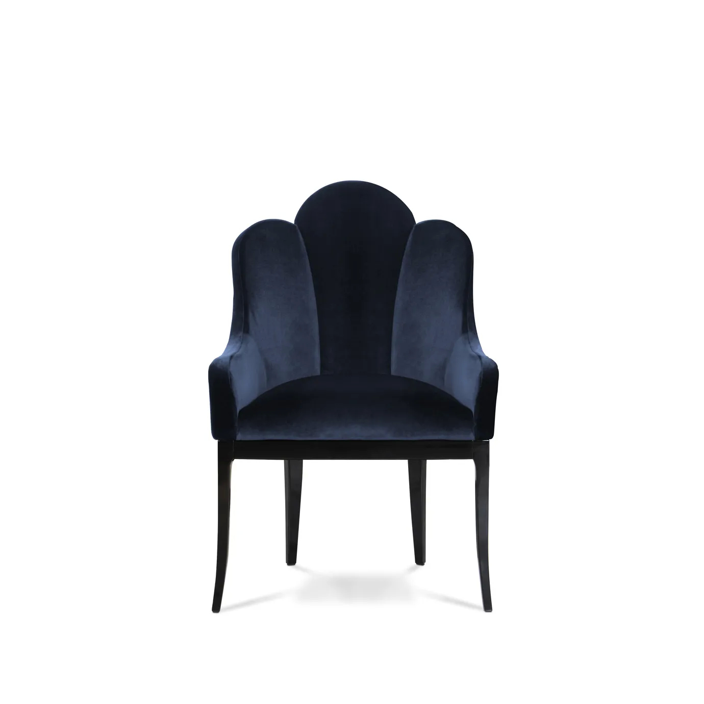 Elegant Anastasia Dining Chair upholstered in deep blue velvet with a textured side detail and dark legs.