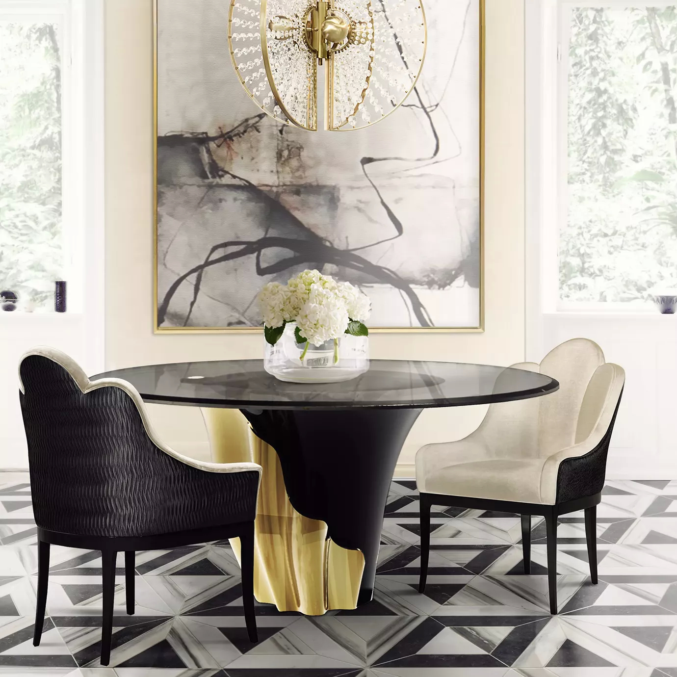 Elegant dining room Yasmine Dining Table and Anastasia Dining Chairs upholstered in black and white velvet with textured details and dark legs.