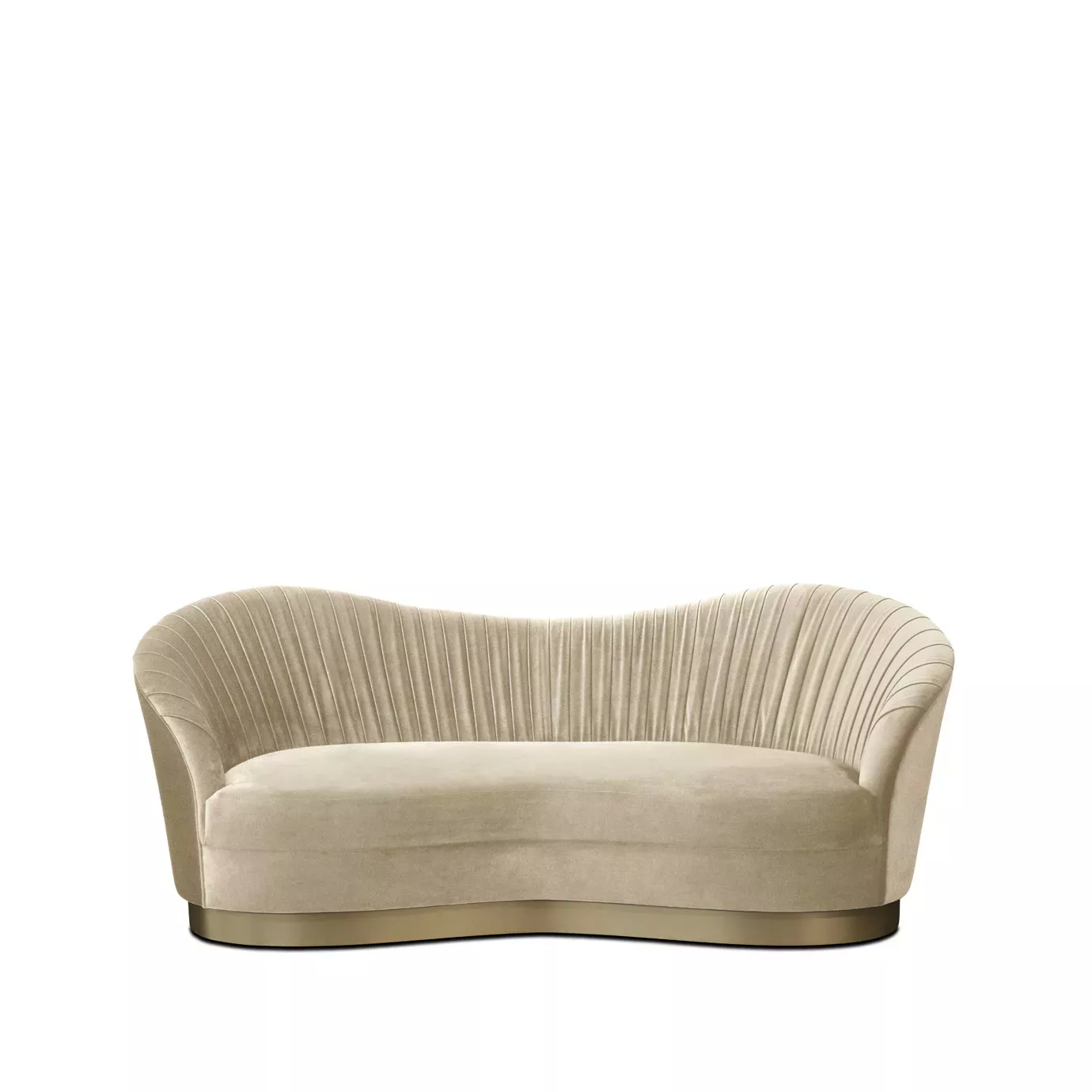 Elegant Kelly Sofa with golden metal base and cream fabric upholstery with pleated details.