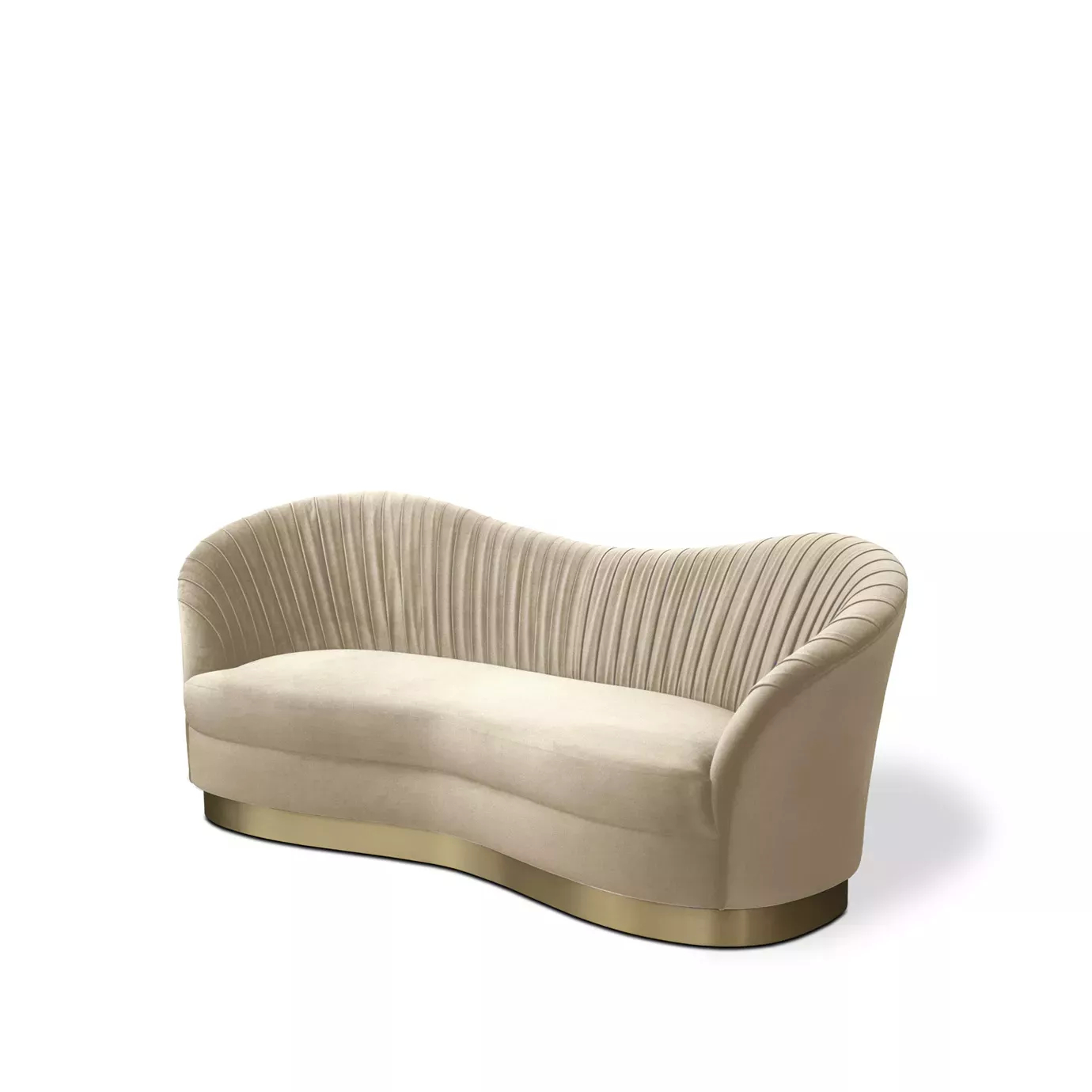 Elegant Kelly Sofa with golden metal base and cream fabric upholstery with pleated details.