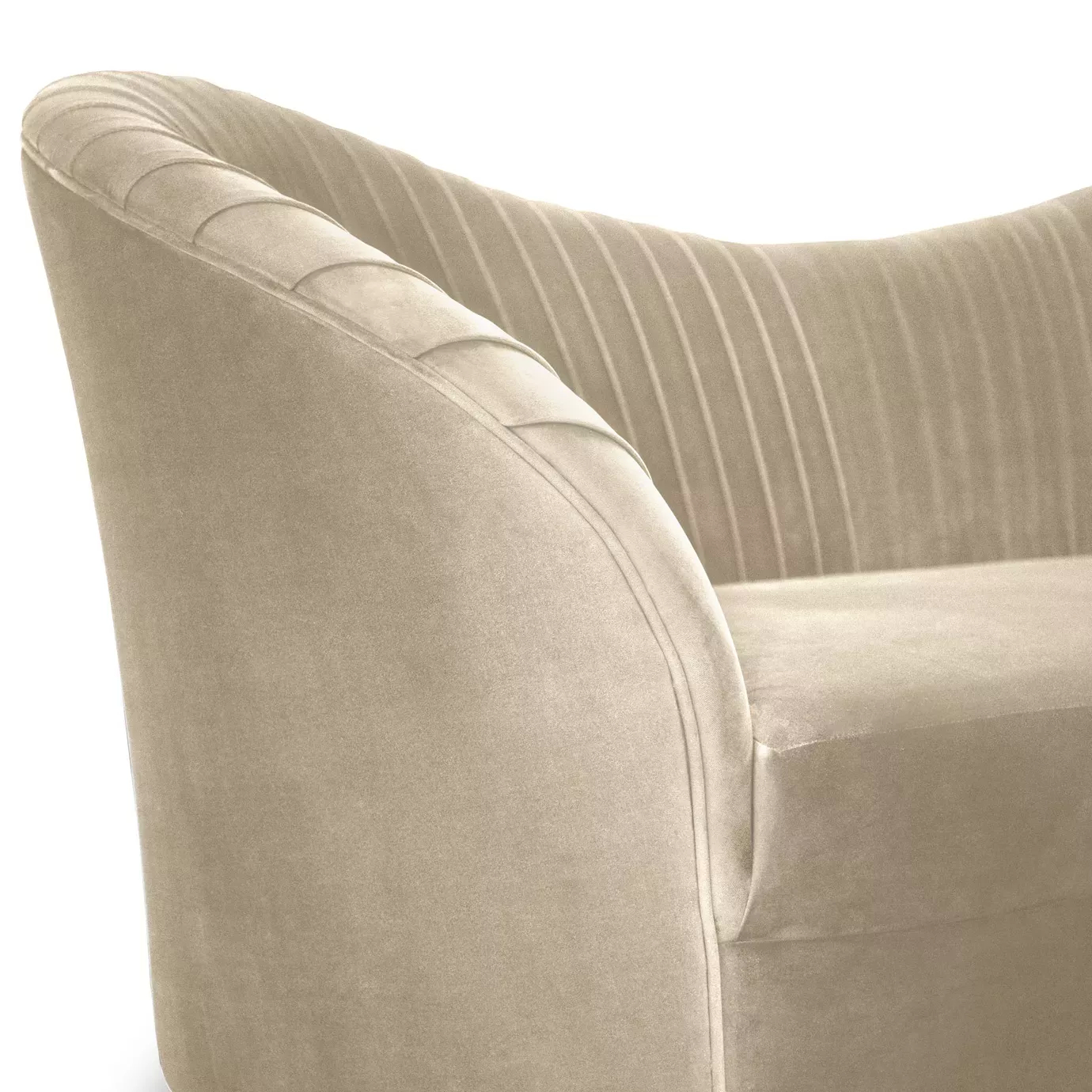 Elegant close-up of the pleated detail of the cream fabric of the Kelly Sofa.