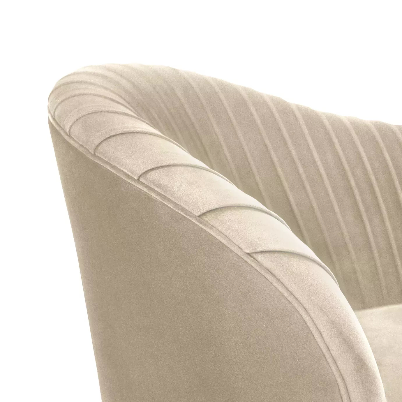 Elegant close-up of the pleated detail of the cream fabric of the Kelly Sofa.