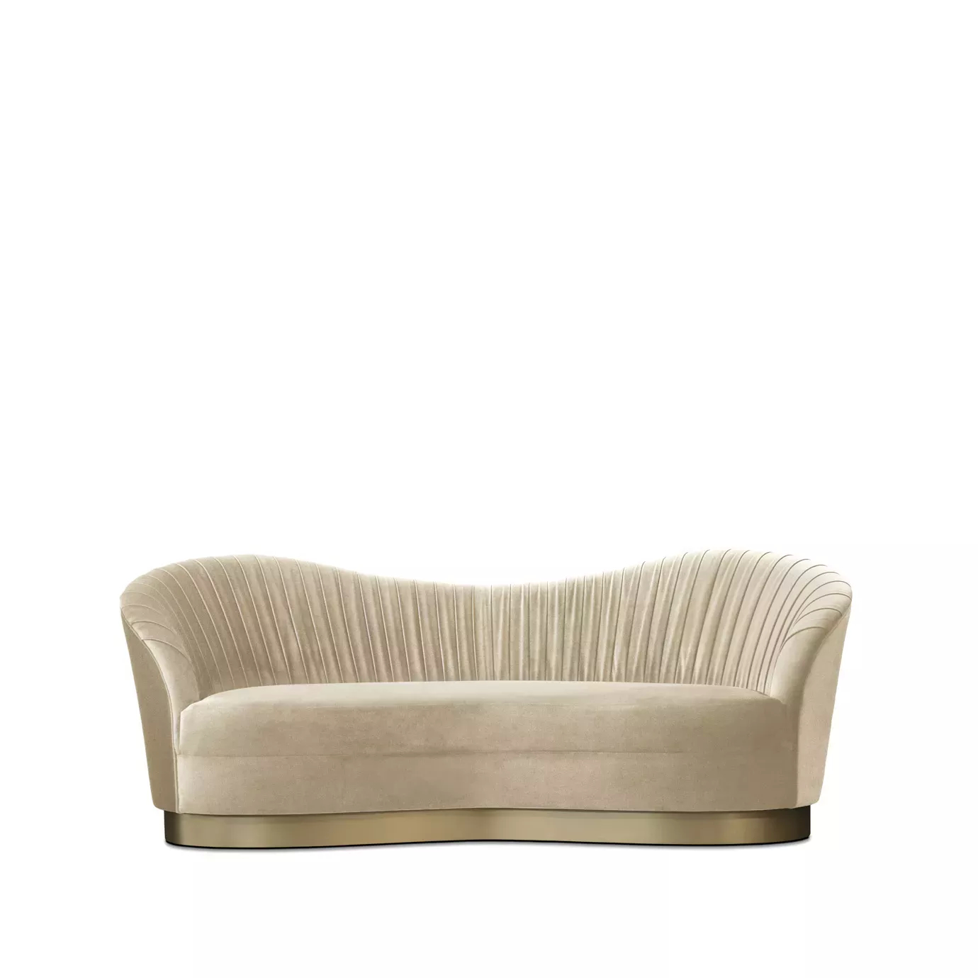 Elegant Kelly Sofa with golden metal base and cream fabric upholstery with pleated details.