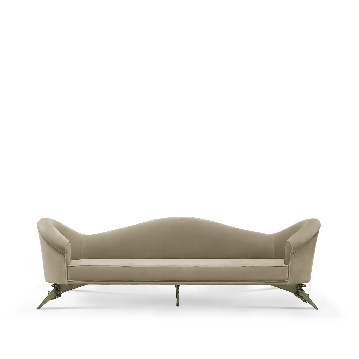 Elegant Colette Sofa with a golden metal base featuring floral details and soft beige velvet upholstery.