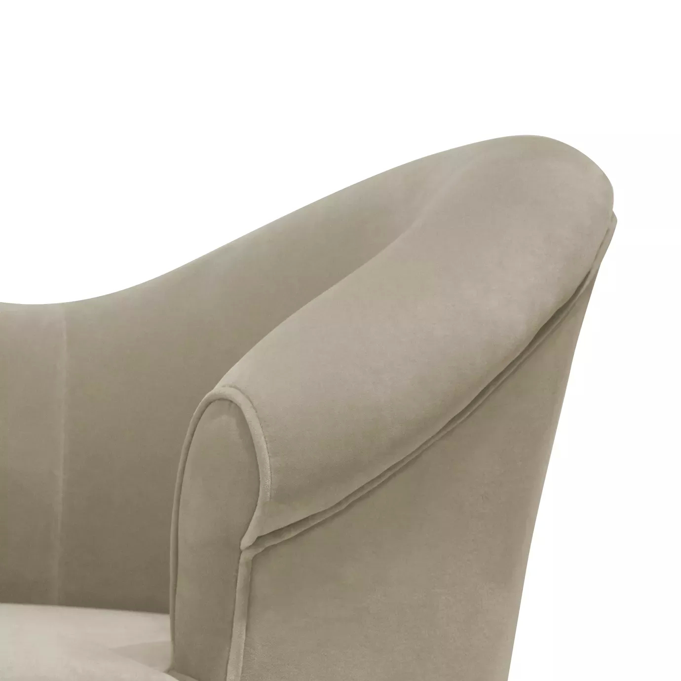 Elegant close-up of the armrest and the soft beige velvet upholstery of the Colette Floral Metal Base Sofa.