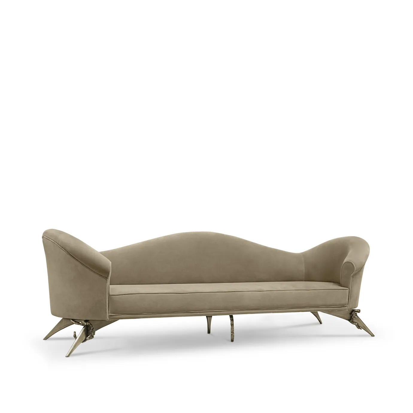 Elegant Colette Sofa with a golden metal base featuring floral details and soft beige velvet upholstery.