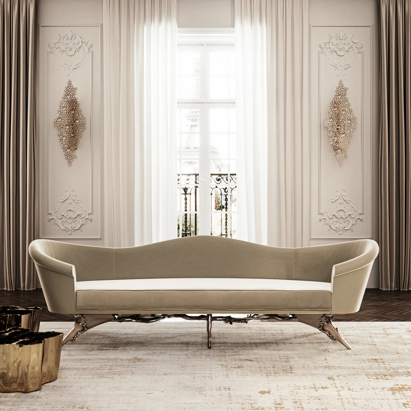 Elegant living room with a Colette Sofa in soft beige velvet with a golden metal base featuring floral details in a classic and sophisticated setting