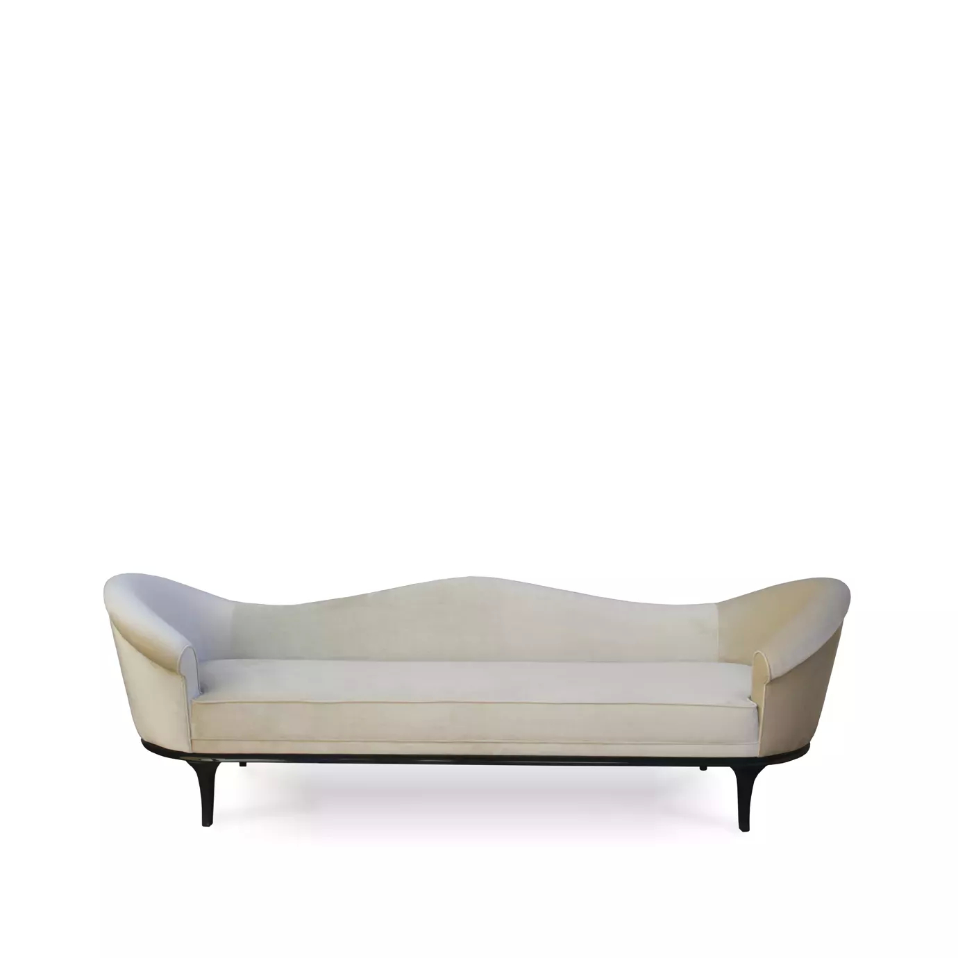 The Colette Sofa by Koket features a gently curved silhouette, upholstered in a soft, light-colored fabric, and supported by sleek, dark legs.