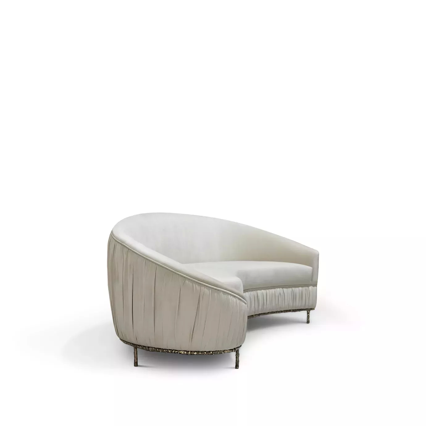 Elegant Vamp Sofa with an ornate golden metal base and cream fabric upholstery with pleated details on one end.