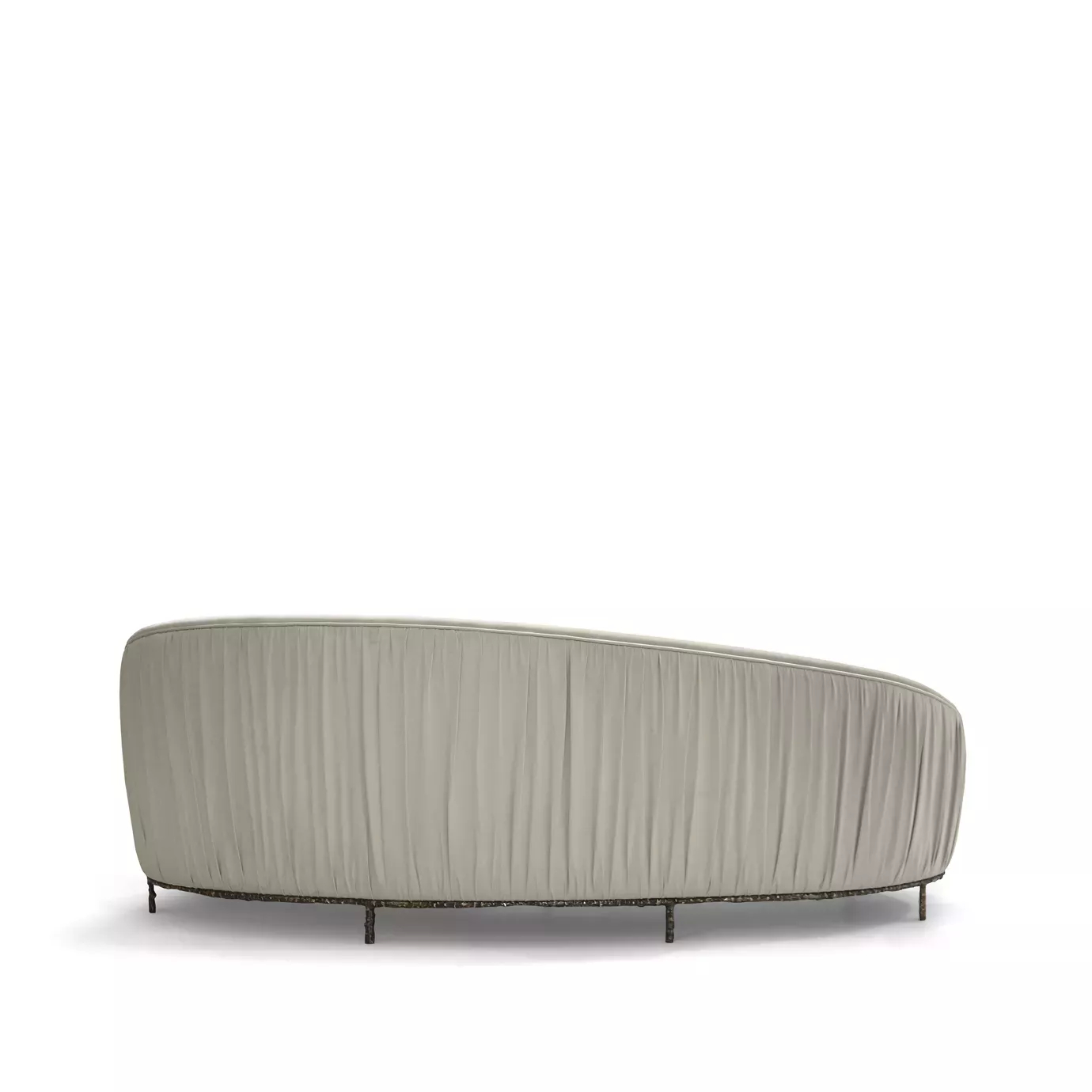 Elegant Valdo Sofa with curved design and light fabric upholstery with pleated details and dark metallic base.