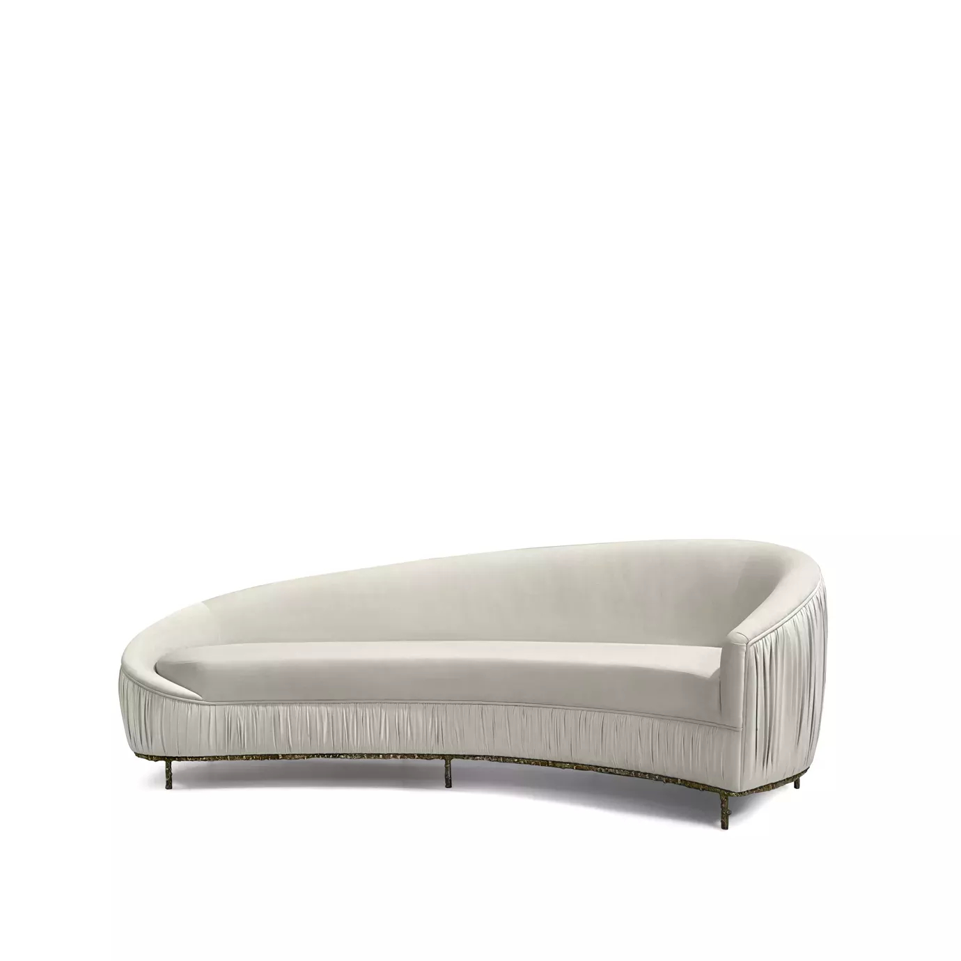 Elegant Vamp Sofa with an ornate golden metal base and cream fabric upholstery with pleated details on one end.