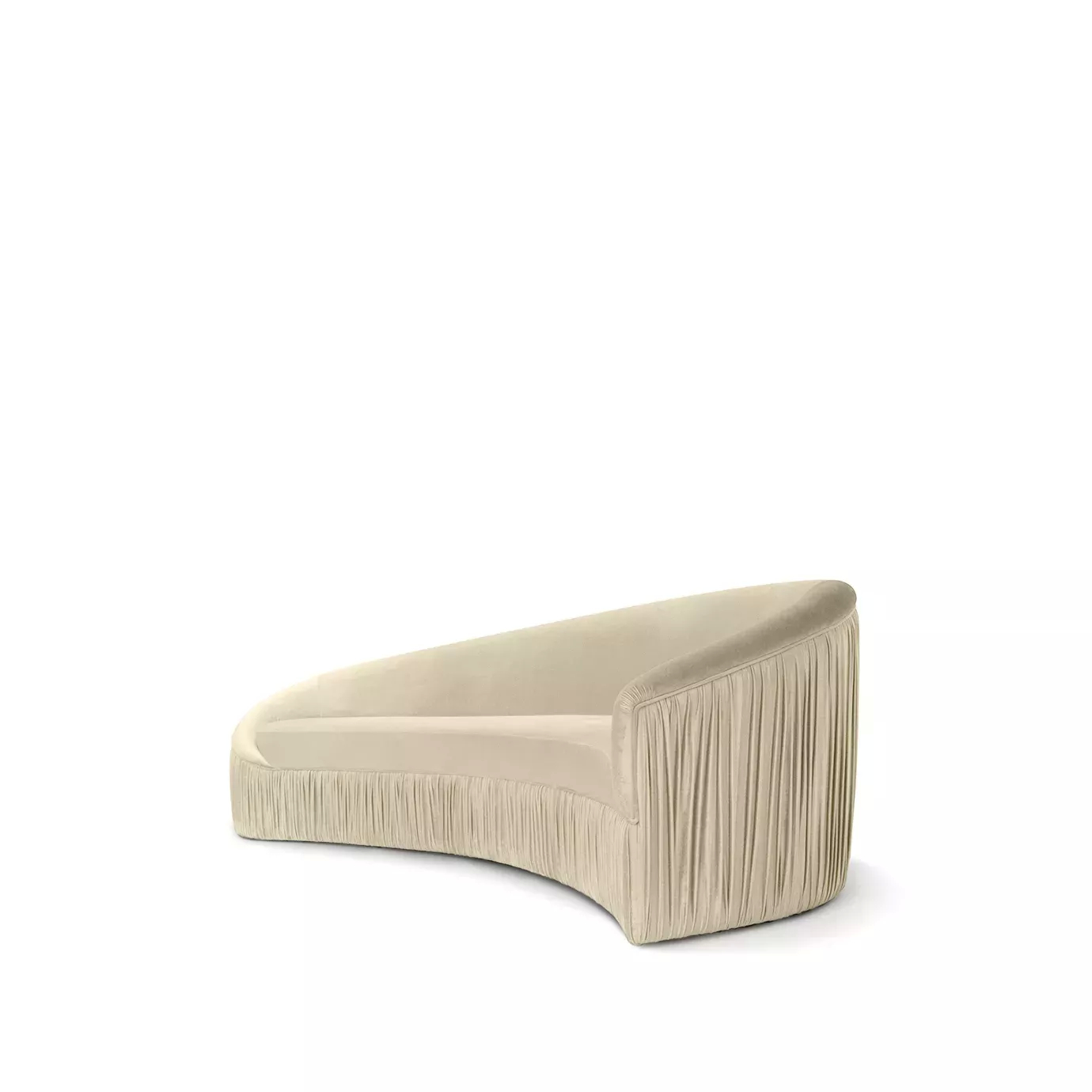 Elegant Vamp Sofa fully upholstered in cream fabric with pleated details on the ends.