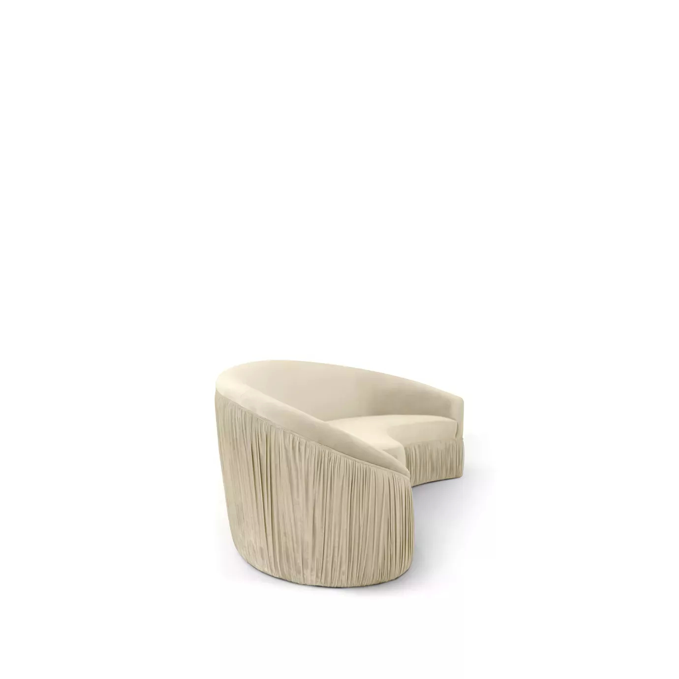 Elegant Vamp Sofa fully upholstered in cream fabric with pleated details on the ends.