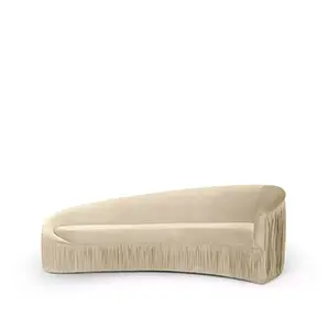 Elegant Vamp Sofa fully upholstered in cream fabric with pleated details on the ends.