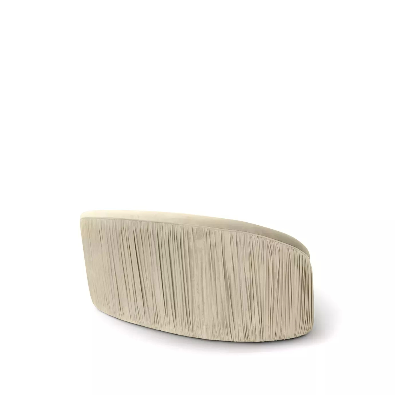 Elegant Vamp Sofa fully upholstered in cream fabric with pleated details on the ends.
