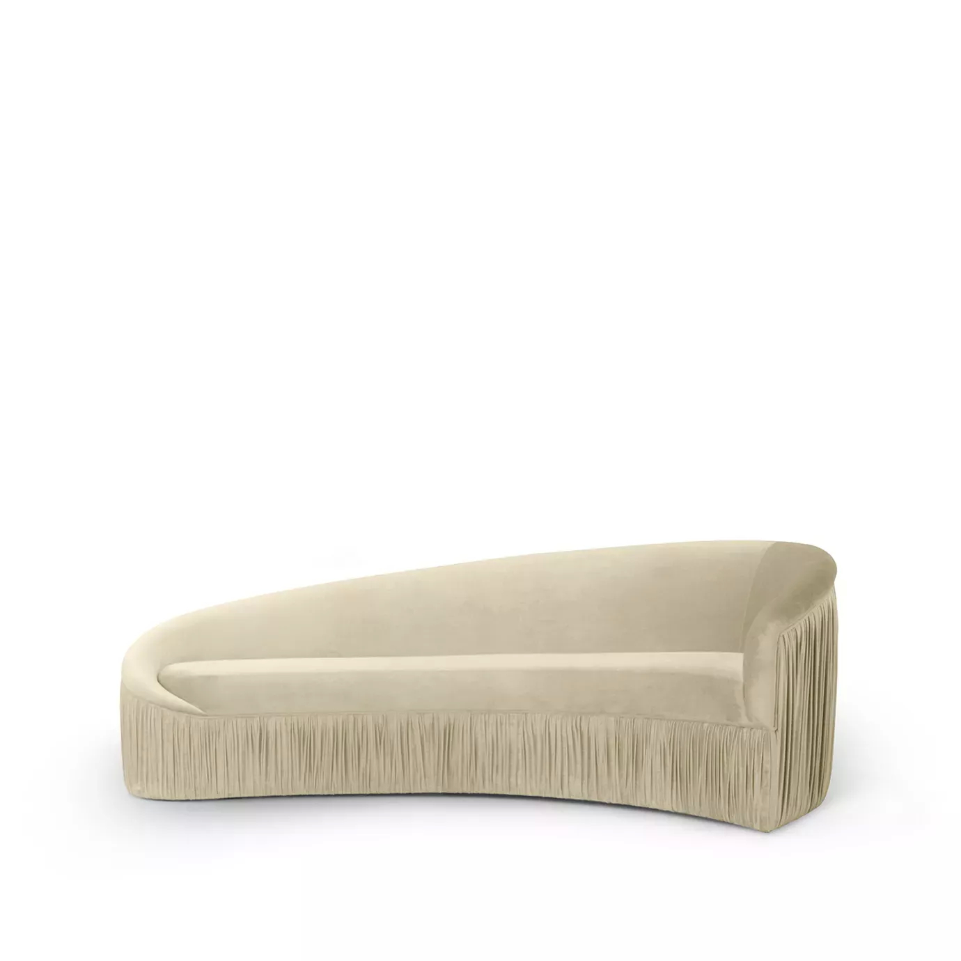 Elegant Vamp Sofa fully upholstered in cream fabric with pleated details on the ends.