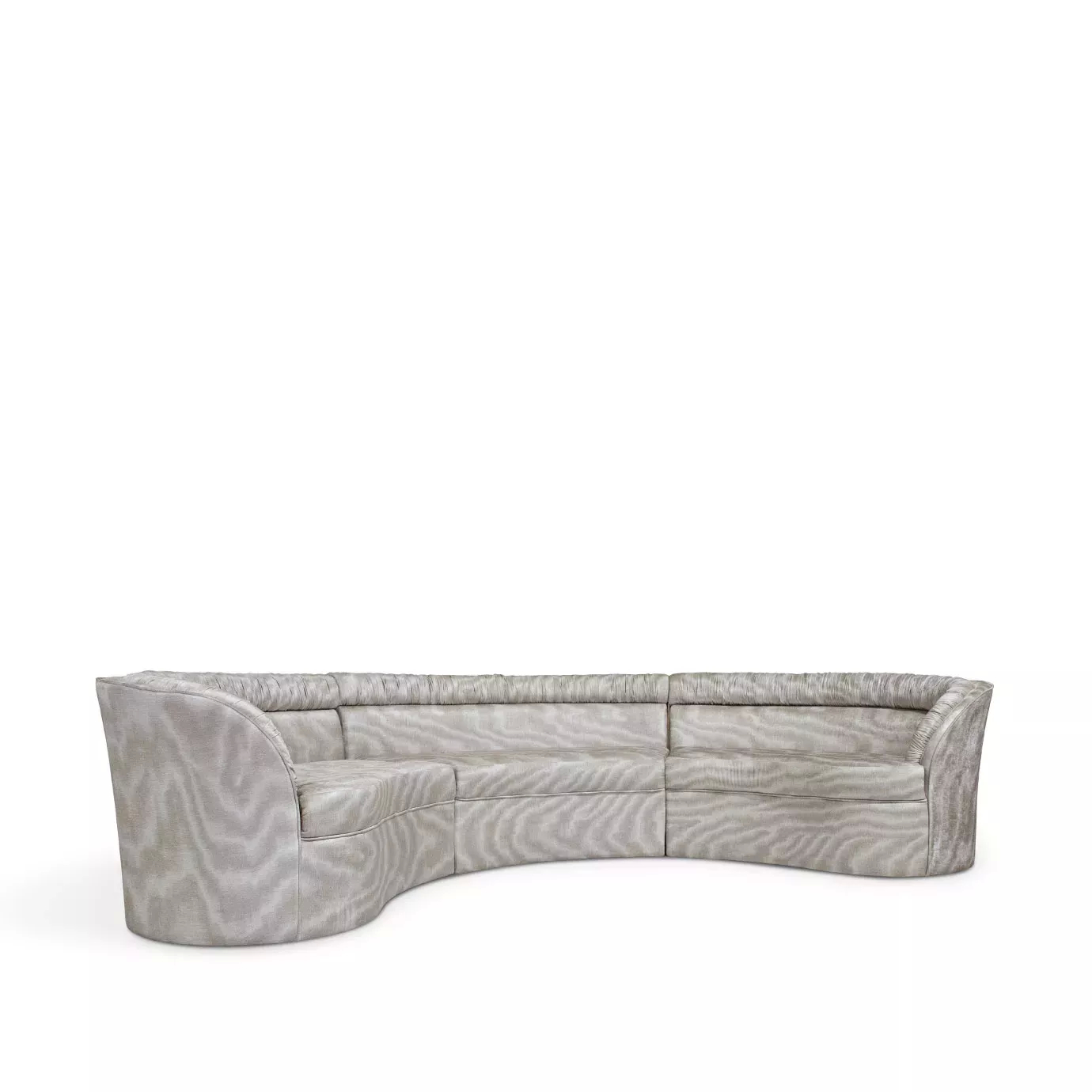 Elegant modular Entice Sofa upholstered in textured fabric in shades of grey with a curved design.