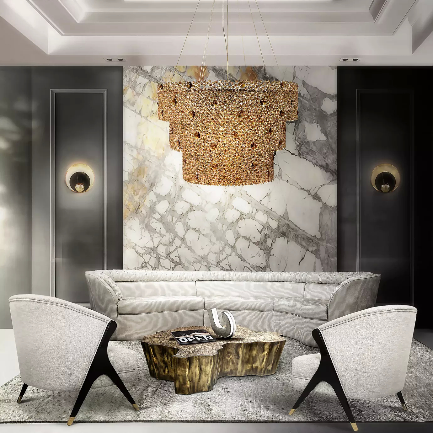 Elegant living room with a grey textured fabric modular Entice Sofa, soft armchairs with black and gold details, a golden wood Wave Coffee Table, and the striking Eternity V Chandelier hanging above.