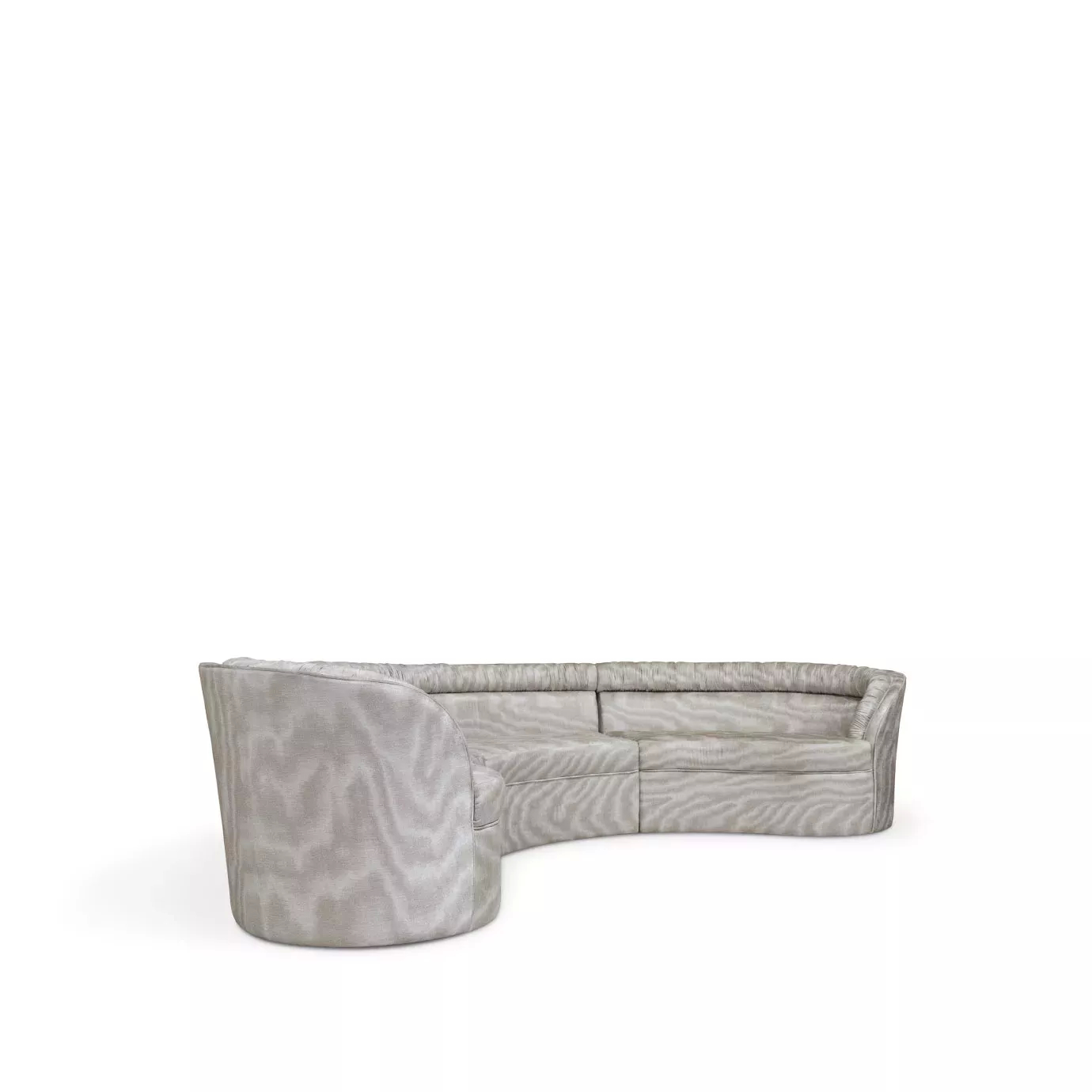 Elegant modular Entice Sofa upholstered in textured fabric in shades of grey with a curved design.