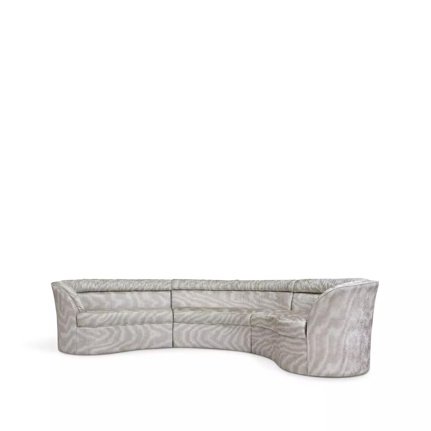 Elegant Entice Sofa with curved design and light textured fabric upholstery.