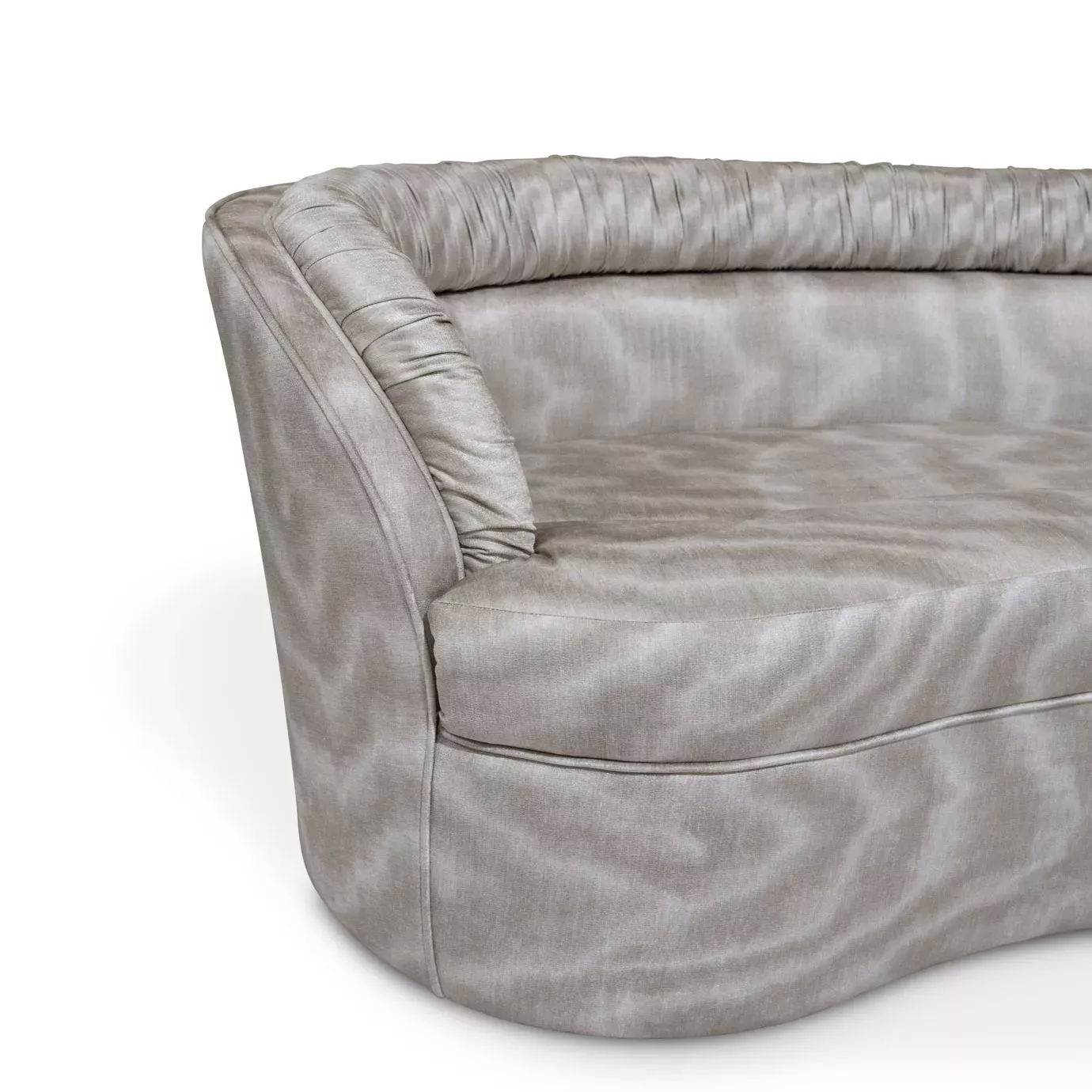 Elegant close-up of the textured fabric upholstery in shades of grey and the ruched detail of the backrest of the modular Entice Sofa.