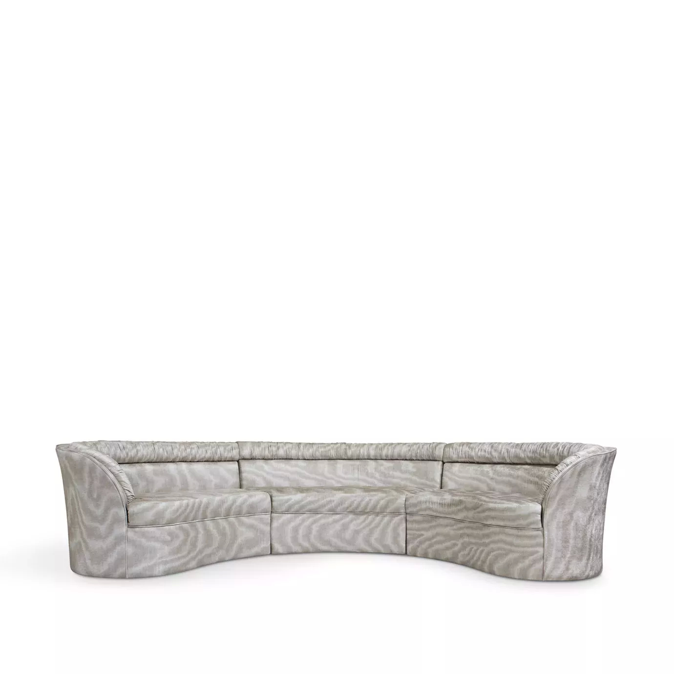 Elegant modular Entice Sofa upholstered in textured fabric in shades of grey with a curved design.