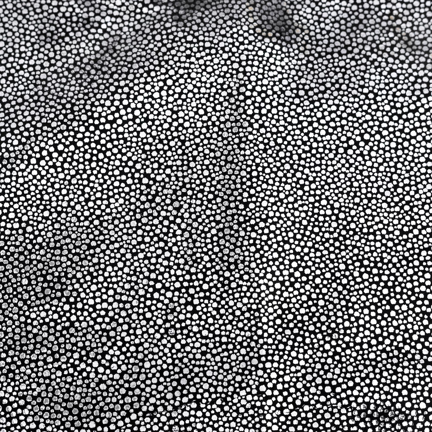 Elegant close-up of a Crico Black Silver leather swatch with a textured pattern of small silver dots on an intense black base, featuring a smooth surface with a contrasting metallic sheen, evoking a feeling of sophisticated modernity and a touch of sparkling elegance.